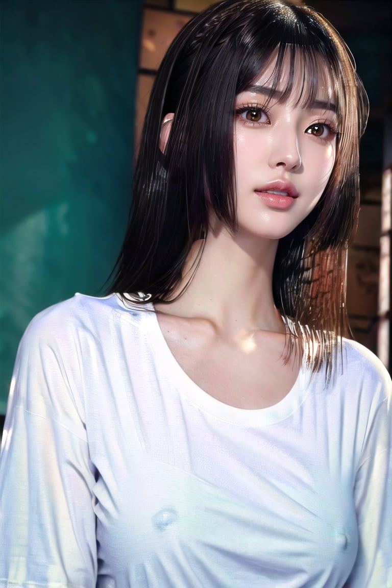 , (photorealistic:1.4), (RAW photo)   ,((ultra detailed,detailed face,detailed eyes,detailed skin,shiny skin):1.4),detailed background,(8k, best quality, raw photo),(masterpiece:1.4),(high resolution:1.4),((masterpiece, best quality, detailed CG, 8k wallpaper, highres):1.2)ultra-detailed,extremely detailed and beautiful,extremely detailed faces,japanesemasterpiece, 8k, ultra detailed, ultra high res, (realistic, photo-realistic:1.4),((Korean idol, japanese idol, japanese actress,korean model,)),(svelte:1.4), (deep black eyes:1.4) ,black straight long hair,realistic, masterpiece, original photo, surreal, best quality, 8k ultra hd, detailed background, extremely detailed, intricate details, professional, brunette, perfect eyes, seductive eyes, beautiful detailed Eyes, bright_pupils, perfect hands, detailed fingers, realistic breasts, thin waist, thin legs,blunt bangs,White skin,thin eyebrows,very long hair, white girl,Block Cut hair style, 
表情：smile, 
攝影方向:,(upper_body shot: 1.4) 
地點：, (livingroom:1.4),
動作：, Standing at the gate, hime_cut hair style,long hime cut hair style, japan hime cut long hair style, 
內衣設定：(white oversize t-shirt:1.4),
Lora：,Hime_cut hair style,Japan Hime_cut style,no_bra,covered_nipples