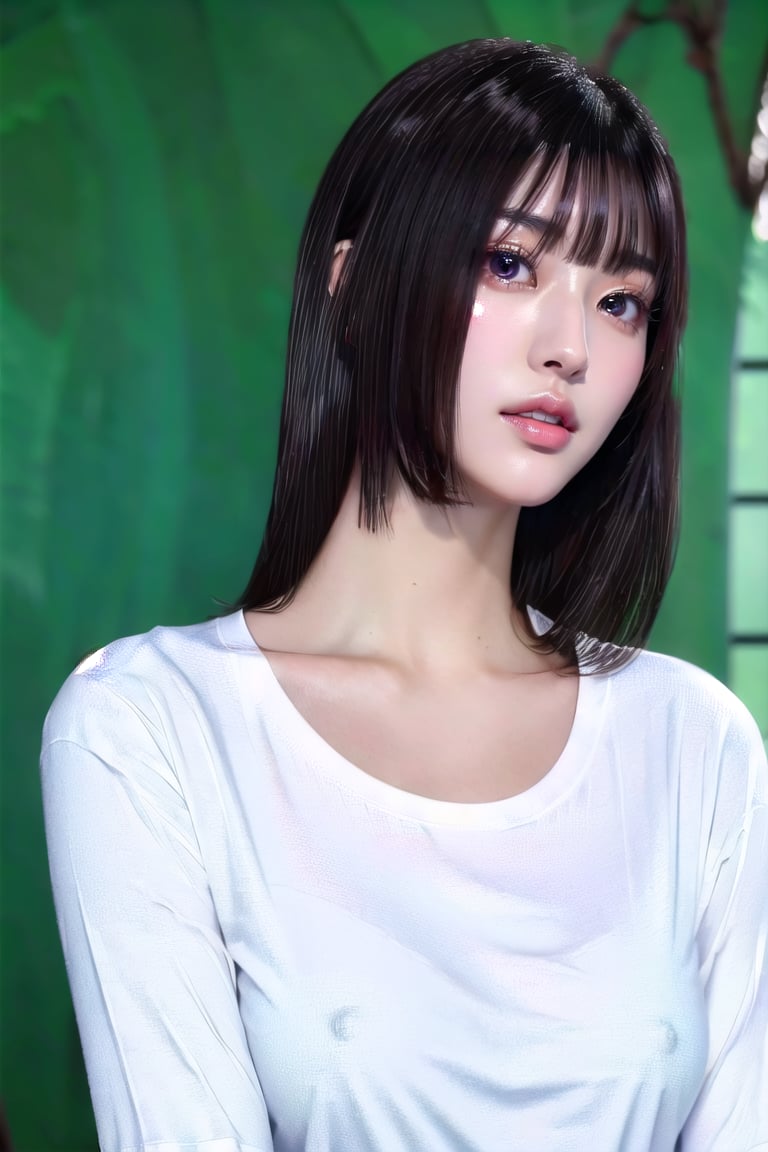 , (photorealistic:1.4), (RAW photo)   ,((ultra detailed,detailed face,detailed eyes,detailed skin,shiny skin):1.4),detailed background,(8k, best quality, raw photo),(masterpiece:1.4),(high resolution:1.4),((masterpiece, best quality, detailed CG, 8k wallpaper, highres):1.2)ultra-detailed,extremely detailed and beautiful,extremely detailed faces,japanesemasterpiece, 8k, ultra detailed, ultra high res, (realistic, photo-realistic:1.4),((Korean idol, japanese idol, japanese actress,korean model,)),(svelte:1.4), (deep black eyes:1.4) ,black straight long hair,realistic, masterpiece, original photo, surreal, best quality, 8k ultra hd, detailed background, extremely detailed, intricate details, professional, brunette, perfect eyes, seductive eyes, beautiful detailed Eyes, bright_pupils, perfect hands, detailed fingers, realistic breasts, thin waist, thin legs,blunt bangs,White skin,thin eyebrows,very long hair, white girl,Block Cut hair style, 
表情：smile, 
攝影方向:,(upper_body shot: 1.4) 
地點：, (livingroom:1.4),
動作：, Standing at the gate, hime_cut hair style,long hime cut hair style, japan hime cut long hair style, 
內衣設定：(white oversize t-shirt:1.4),
Lora：,Hime_cut hair style,Japan Hime_cut style,no_bra,covered_nipples