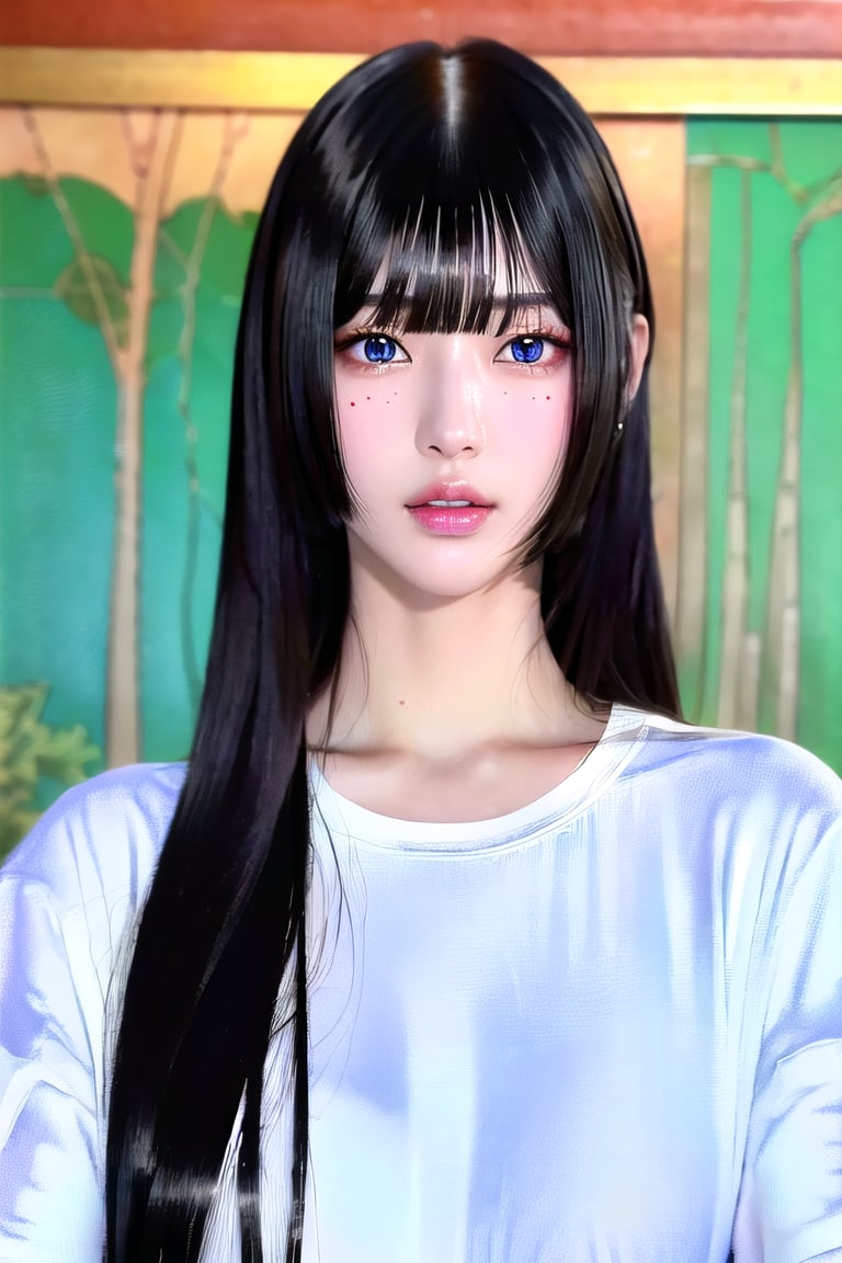 , (photorealistic:1.4), (RAW photo)   ,((ultra detailed,detailed face,detailed eyes,detailed skin,shiny skin):1.4),detailed background,(8k, best quality, raw photo),(masterpiece:1.4),(high resolution:1.4),((masterpiece, best quality, detailed CG, 8k wallpaper, highres):1.2)ultra-detailed,extremely detailed and beautiful,extremely detailed faces,japanesemasterpiece, 8k, ultra detailed, ultra high res, (realistic, photo-realistic:1.4),((Korean idol, japanese idol, japanese actress,korean model,)),(svelte:1.4), (deep black eyes:1.4) ,black straight long hair,realistic, masterpiece, original photo, surreal, best quality, 8k ultra hd, detailed background, extremely detailed, intricate details, professional, brunette, perfect eyes, seductive eyes, beautiful detailed Eyes, bright_pupils, perfect hands, detailed fingers, realistic breasts, thin waist, thin legs,blunt bangs,White skin,thin eyebrows,very long hair, white girl,Block Cut hair style, 
表情：smile, 
攝影方向:,(upper_body shot: 1.4) 
地點：, (livingroom:1.4),
動作：, standing,show the body, hime_cut hair style,long hime cut hair style, japan hime cut long hair style, 
內衣設定：(white oversize t-shirt:1.4),
Lora：,Hime_cut hair style,Japan Hime_cut style