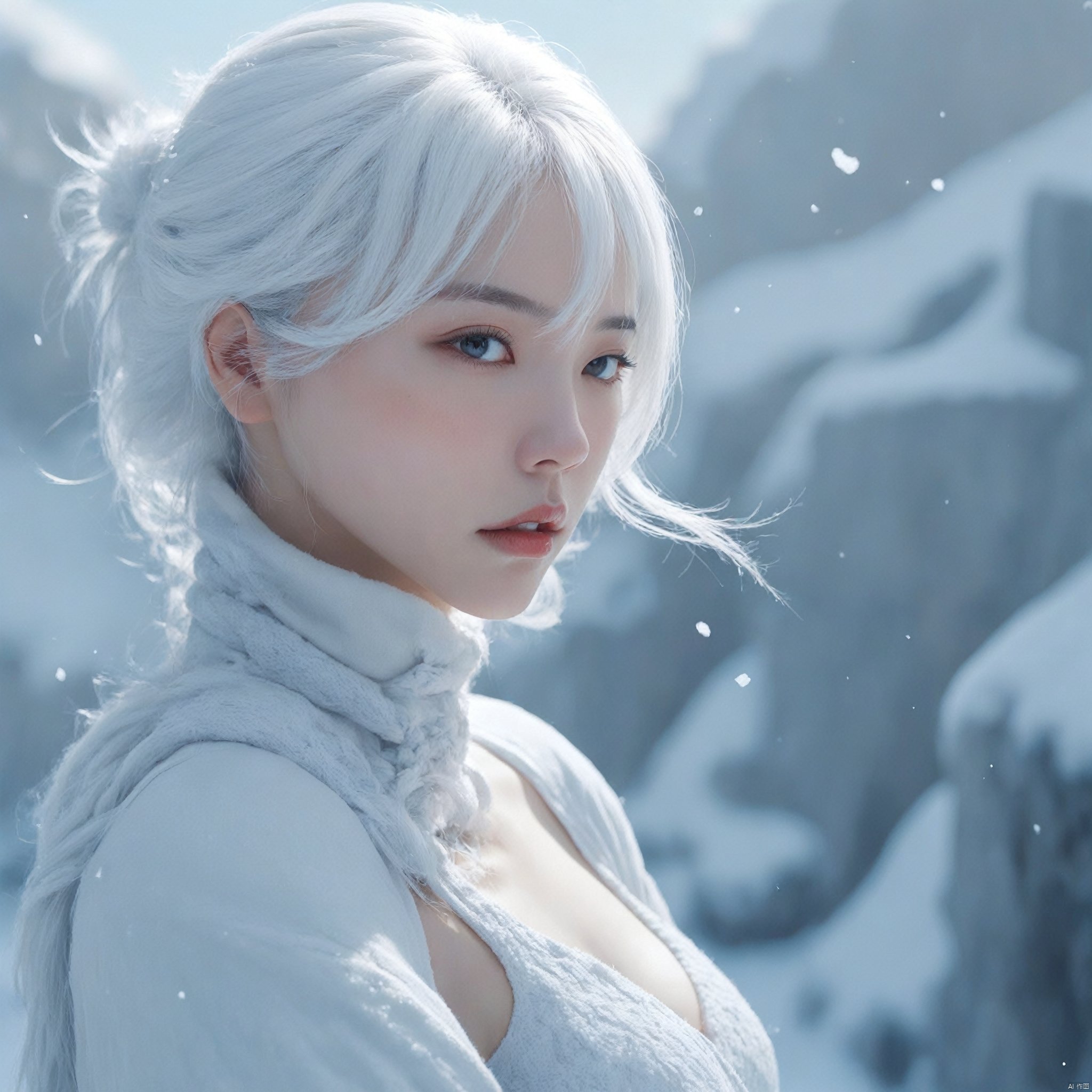  Illustrate a girl with the power of ice, featuring ice-white hair and clothing, set in a snowy landscape. Emphasize (((intricate details))), (((highest quality))), (((extreme detail quality))), and a (((captivating winter composition))). Use a palette of cool blues and whites, drawing inspiration from artists like Artgerm, Sakimichan, and Stanley Lau,midjourney,