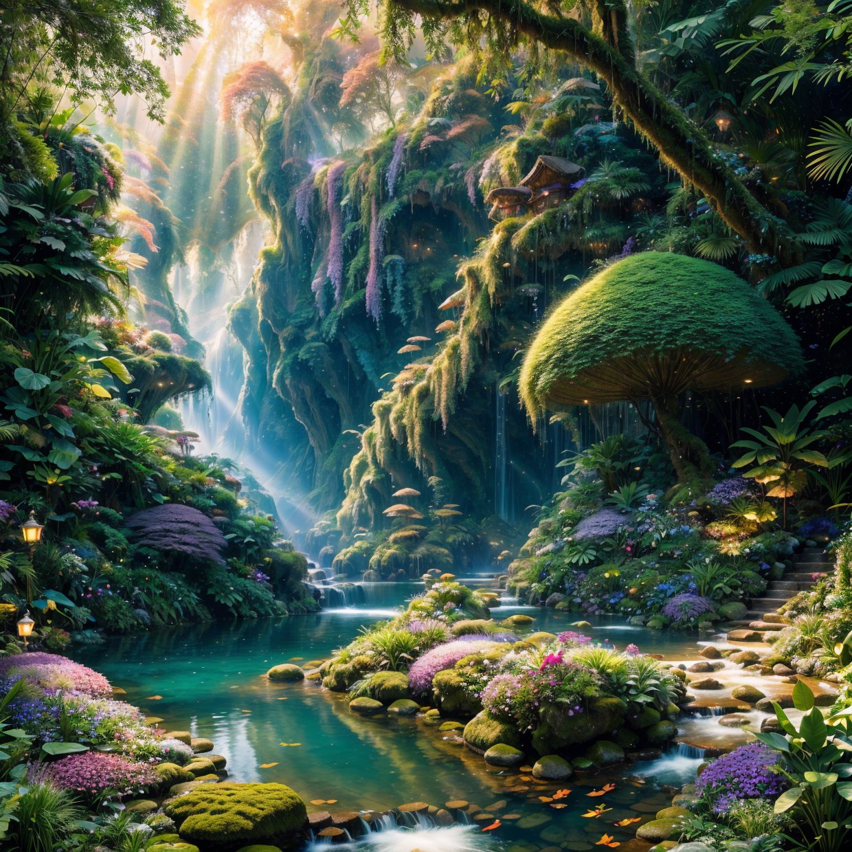 (best quality,4k,8k,highres,masterpiece:1.2),ultra-detailed,(realistic,photorealistic,photo-realistic:1.37),beautiful wild and natural fantasy landscape with glowing lights,enchanted forest,majestic mountains,flowing rivers and cascading waterfalls,dense vegetation and vibrant flowers,ethereal glow and soft lighting,magical creatures and mythical beings,warm and inviting color palette,serene and tranquil atmosphere,impressionistic brushstrokes and dream-like textures,ethereal mist and foggy ambiance,sunrays filtering through the foliage,subtle reflections on calm waters,harmonious blend of earthy tones and vivid hues,serene and peaceful setting,unforgettable sense of beauty and wonder,immersive and captivating experience,exquisite attention to detail,awe-inspiring and breathtaking composition,visually stunning and emotionally uplifting artwork,perfect balance between realism and imagination,meticulously crafted with love and passion