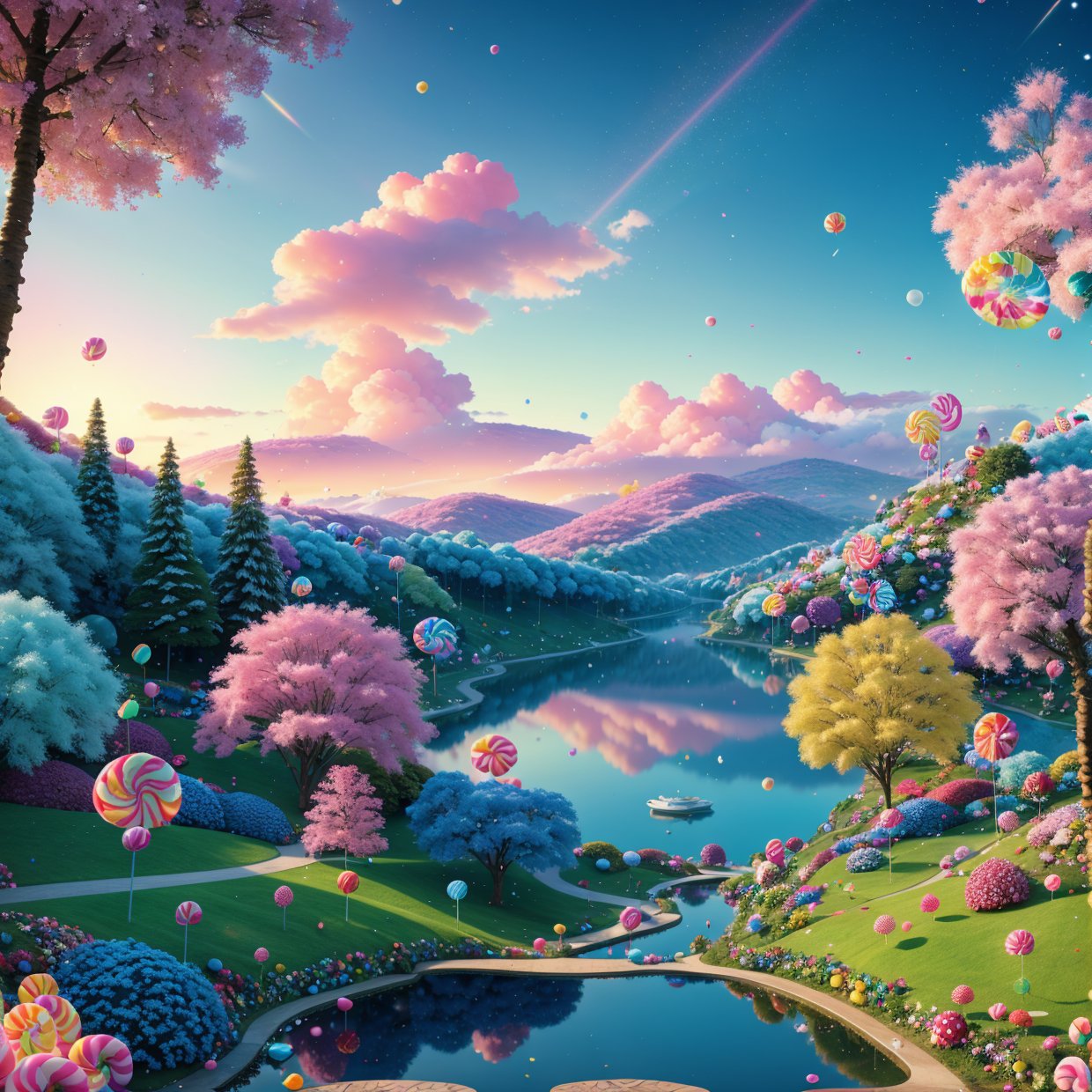 (highres,realistic:1.2),vibrant candy-colored landscape,candy-coated trees and rolling hills,glimmering sugar trails,delightful candy sculptures and statues,fluffy cotton candy clouds,sparkling sugar rivers and lakes,lush lollipop flowers and candy cane grass,sprinkles scattered like confetti,children skipping and laughing in a candy-filled wonderland,imaginative and whimsical art style,sweet and sugary color palette,soft and warm lighting bathing the landscape.