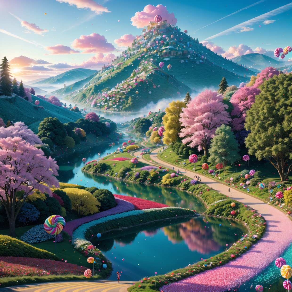 (highres,realistic:1.2),vibrant candy-colored landscape,candy-coated trees and rolling hills,glimmering sugar trails,delightful candy sculptures and statues,fluffy cotton candy clouds,sparkling sugar rivers and lakes,lush lollipop flowers and candy cane grass,sprinkles scattered like confetti,children skipping and laughing in a candy-filled wonderland,imaginative and whimsical art style,sweet and sugary color palette,soft and warm lighting bathing the landscape.