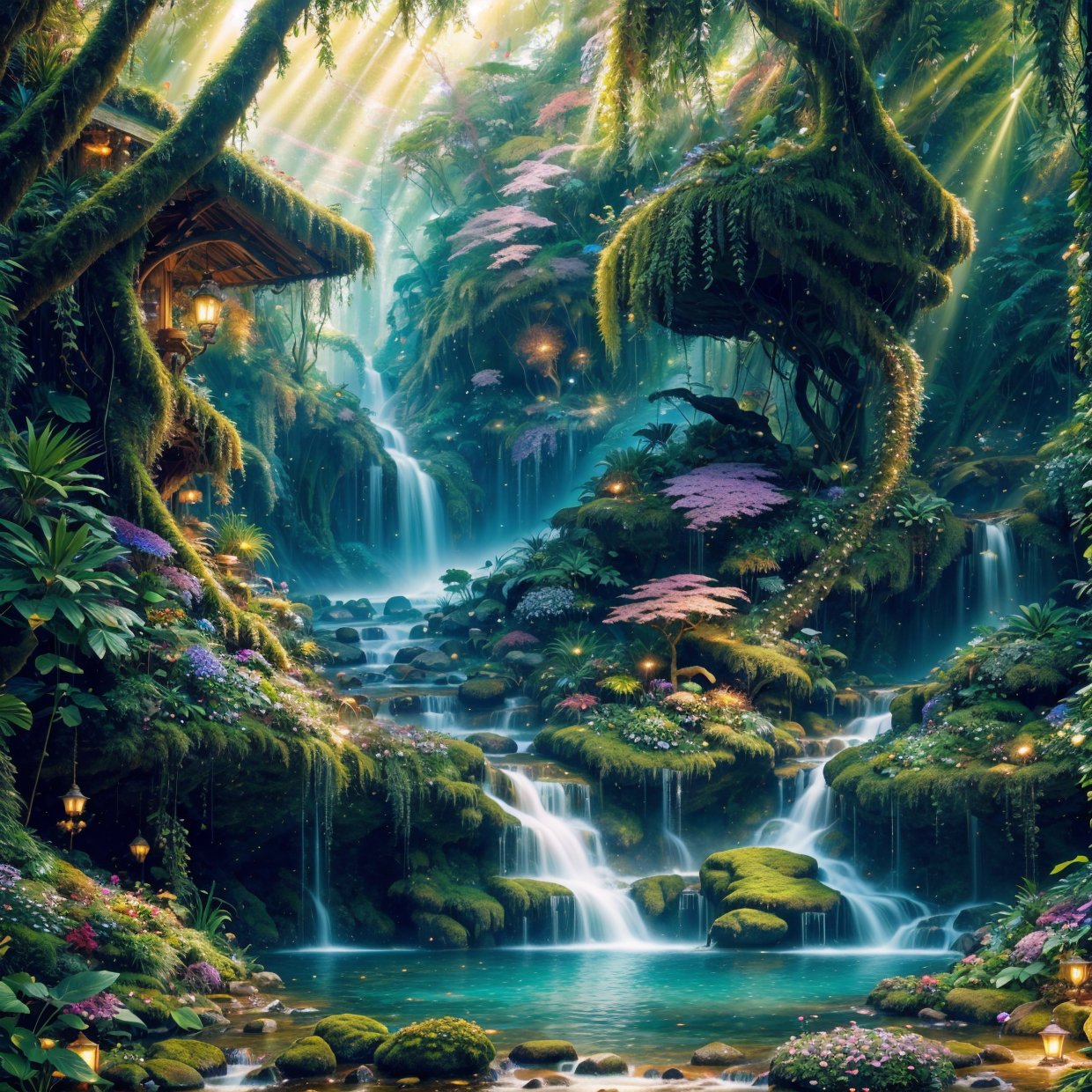 (best quality,4k,8k,highres,masterpiece:1.2),ultra-detailed,(realistic,photorealistic,photo-realistic:1.37),beautiful wild and natural fantasy landscape with glowing lights,enchanted forest,majestic mountains,flowing rivers and cascading waterfalls,dense vegetation and vibrant flowers,ethereal glow and soft lighting,magical creatures and mythical beings,warm and inviting color palette,serene and tranquil atmosphere,impressionistic brushstrokes and dream-like textures,ethereal mist and foggy ambiance,sunrays filtering through the foliage,subtle reflections on calm waters,harmonious blend of earthy tones and vivid hues,serene and peaceful setting,unforgettable sense of beauty and wonder,immersive and captivating experience,exquisite attention to detail,awe-inspiring and breathtaking composition,visually stunning and emotionally uplifting artwork,perfect balance between realism and imagination,meticulously crafted with love and passion