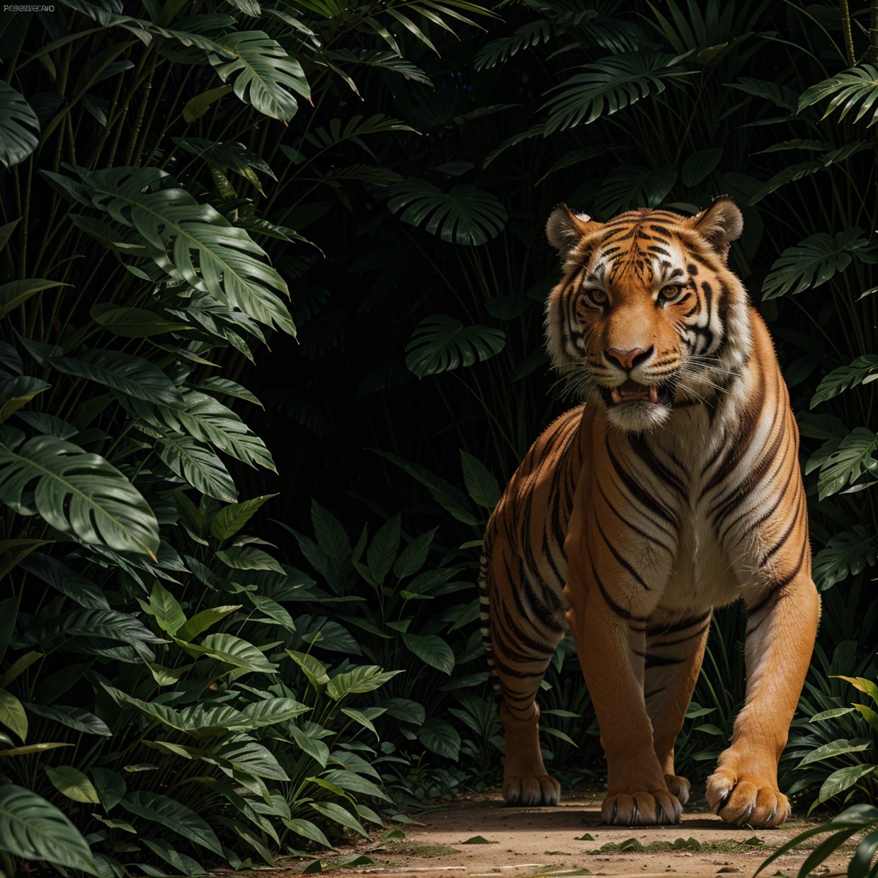 (best quality,4k,8k,highres,masterpiece:1.2),ultra-detailed,(realistic,photorealistic,photo-realistic:1.37),tiger in jungle,fierce,intense eyes,striking black stripes,fearless expression,majestic presence,lush greenery,tropical habitat,warm sunlight,shadows and dappled light,thick foliage,exotic plants,rays of light piercing through the canopy,mysterious atmosphere,vivid colors,naturalistic textures,immersive perspective,powerful and agile movements,roaring sound echoing through the jungle.,Masterpiece