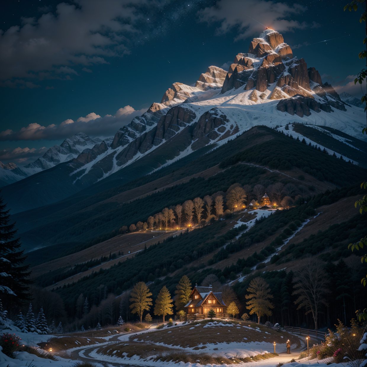 (ultra-detailed,realistic) mountain with flowers at night, oil painting, vivid colors, starry sky, blooming flowers, moonlit landscape, glowing peaks, misty atmosphere, dreamy scenery, serene and peaceful, romantic ambiance, soft moonlight casting shadows, tranquil nature, dark silhouettes, magical and enchanting, ethereal glow, illuminated paths, hidden wildlife, mysterious valley, distant waterfalls, peaceful solitude.