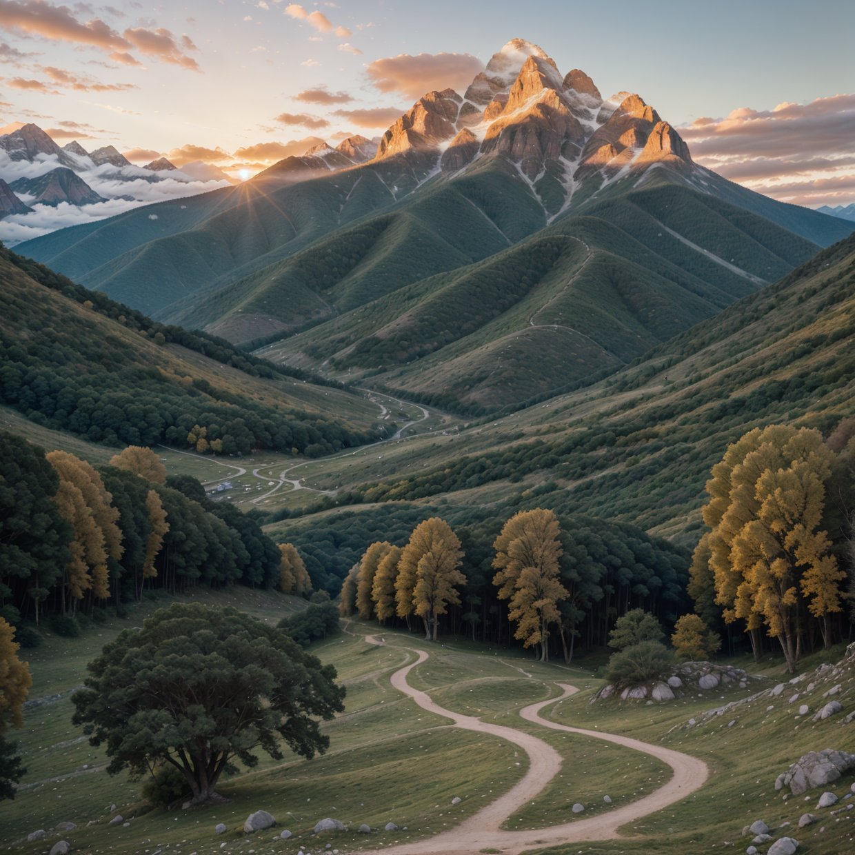 In a breathtaking sunset, the majestic mountains stand tall. The vibrant colors of the setting sun paint the sky with hues of orange and gold. The mountains are covered in lush green trees, swaying gently in the evening breeze. The scene is incredibly detailed, capturing every intricate feature of the landscape. The high-resolution image showcases the beauty of the natural world, making it a true masterpiece. The lighting in the scene is soft and warm, casting a golden glow over the mountains and trees. The overall style of the artwork is realistic and photorealistic, bringing the viewer into the moment and making them feel like they are standing amidst the magnificent beauty of the mountains at sunset.