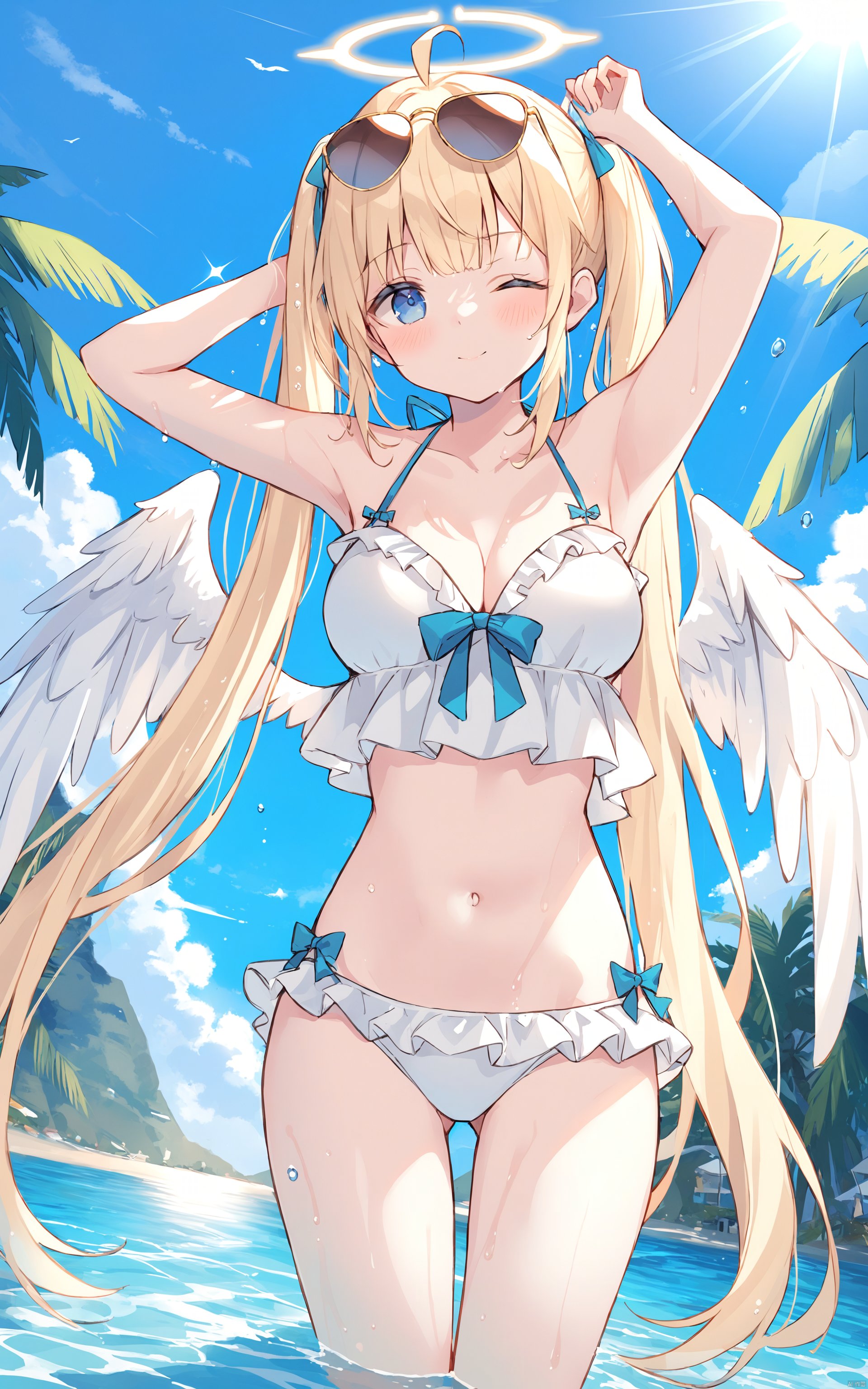  (best quality), ((masterpiece))1girl, bikini, swimsuit, solo, breasts, blonde hair, white bikini, long hair, frilled bikini, one eye closed, blue eyes, twintails, navel, wings, wet, water, stomach, angel wings, very long hair, eyewear on head, halo, frills, looking at viewer, outdoors, blush, cleavage, sunglasses, sunlight, ahoge, angel, armpits, sky, bangs, arm up, day, medium breasts