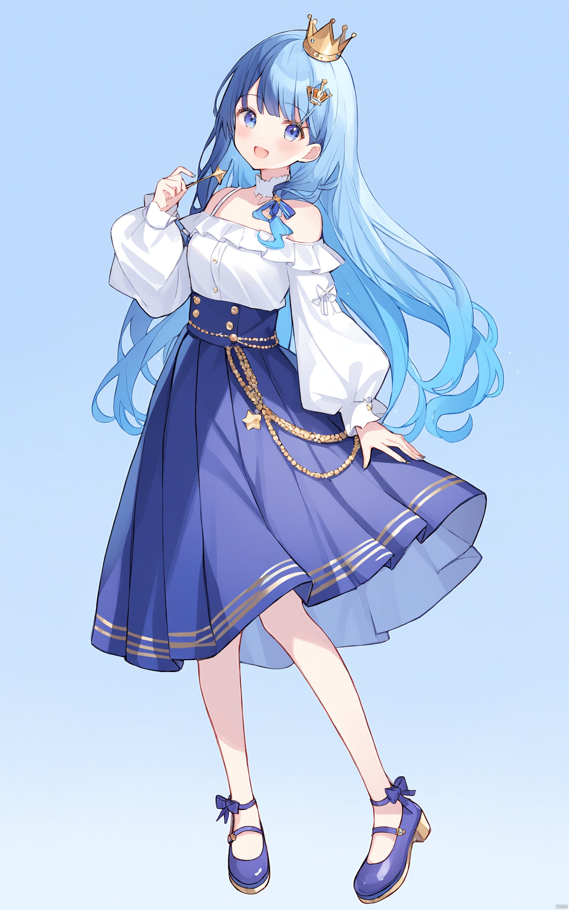 1girl, solo, puffy sleeves, blue hair, mini crown, skirt, shirt, crown, long sleeves, blue eyes, off shoulder, white shirt, long hair, :d, smile, blush, bare shoulders, purple footwear, shoes, off-shoulder shirt, very long hair, juliet sleeves, full body, bangs, blue skirt, multicolored hair, looking at viewer, pleated skirt, puffy long sleeves, standing, gradient hair