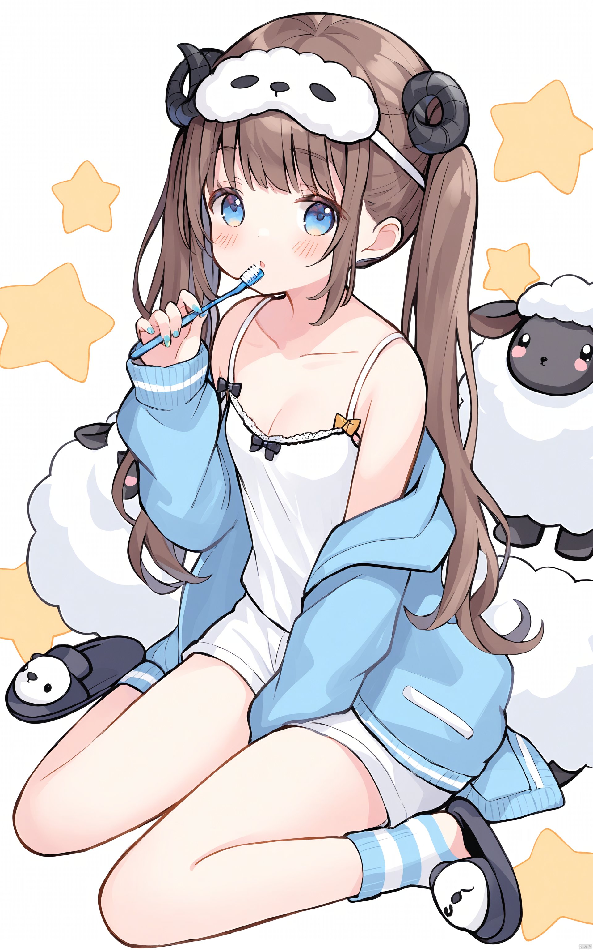 toothbrush, solo, sheep, striped, sleep mask, short shorts, camisole, 1girl, jacket, socks, parted lips, long hair, long sleeves, breasts, open jacket, slippers, twintails, open clothes, wariza, shorts, brown hair, bangs, white background, blush, collarbone, striped socks, sleeves past wrists, mask, cleavage, small breasts, white shorts, looking at viewer, sitting, hand between legs, bare shoulders, animal, :o, off shoulder, blue eyes, nail polish, between legs, star \(symbol\)