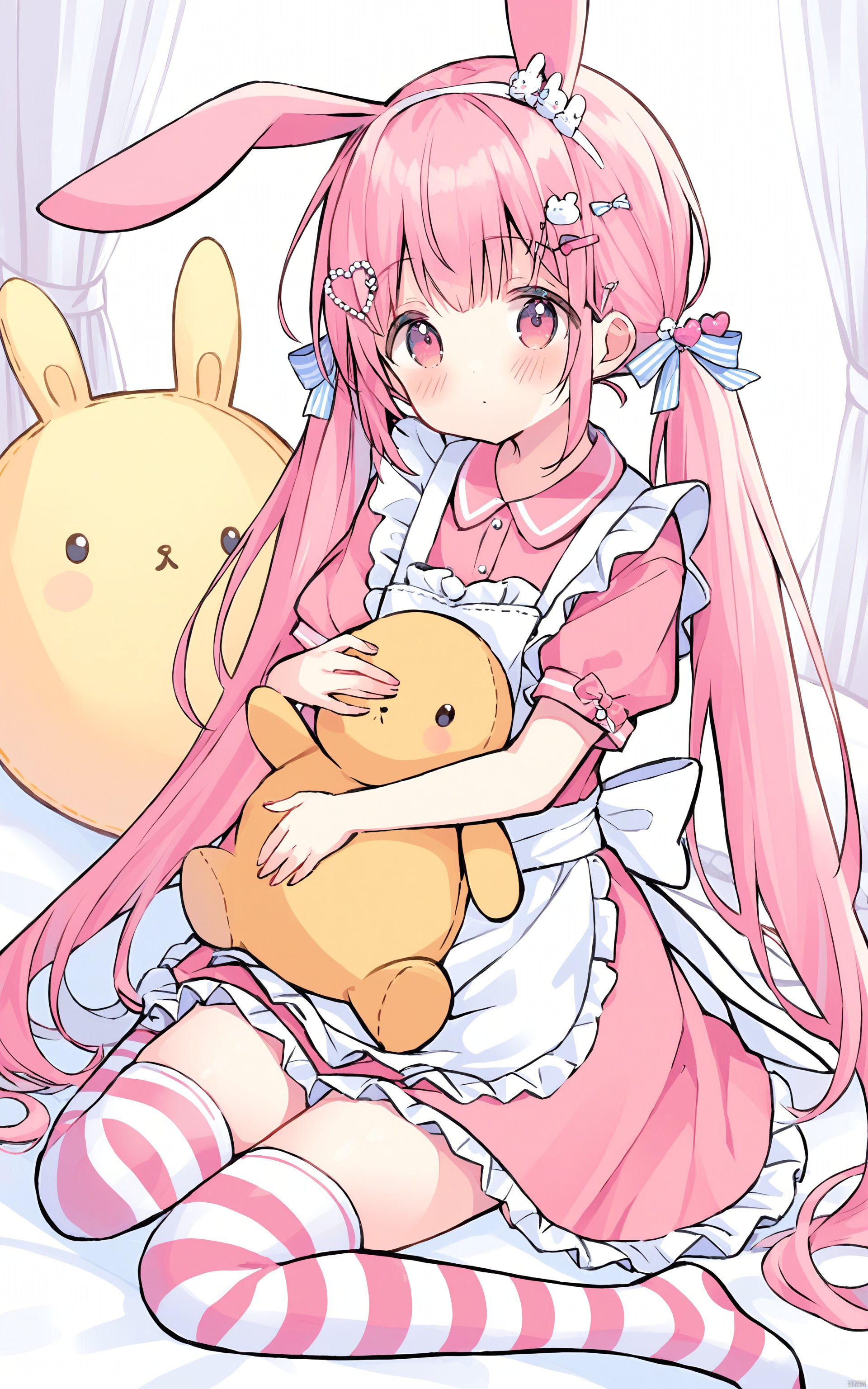 Thin lines, 1girl, solo, dress, long hair, object hug, twintails, stuffed toy, rabbit ears, thighhighs, animal ears, pink dress, striped, striped thighhighs, hair ornament, stuffed animal, apron, sitting, white apron, hairclip, blush, low twintails, very long hair, thighs, heart, pillow, short sleeves, short dress, pink hair