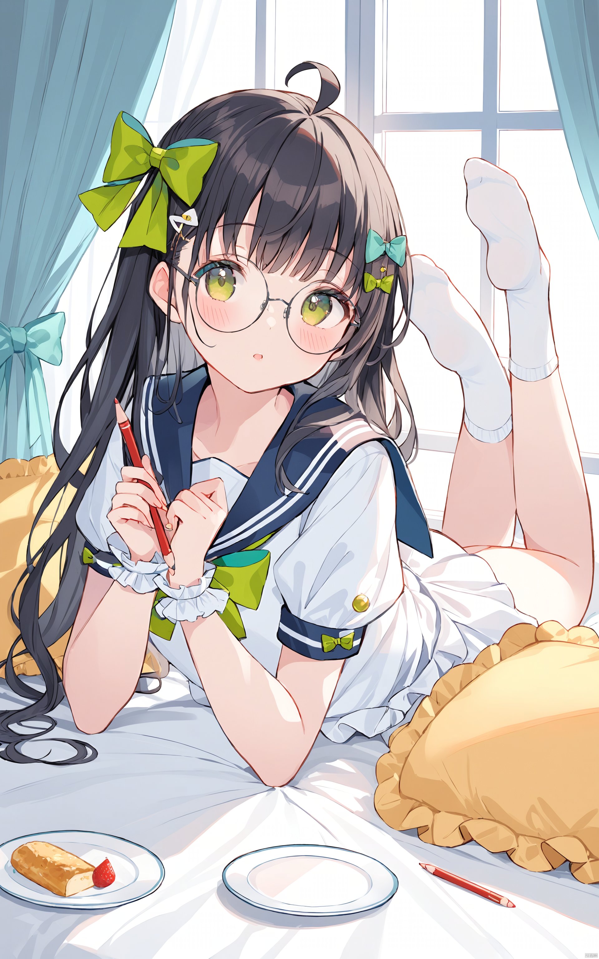  (best quality), ((masterpiece))1girl, solo, sailor collar, no shoes, short sleeves, glasses, socks, white socks, lying, bow, puffy sleeves, blush, hair bow, wrist cuffs, puffy short sleeves, frills, round eyewear, on stomach, dress, long hair, ahoge, green bow, window, soles, bangs, curtains, pillow, looking at viewer, holding pencil, food, holding, sailor dress, white dress, hair ornament, frilled pillow, pencil, parted lips, plate