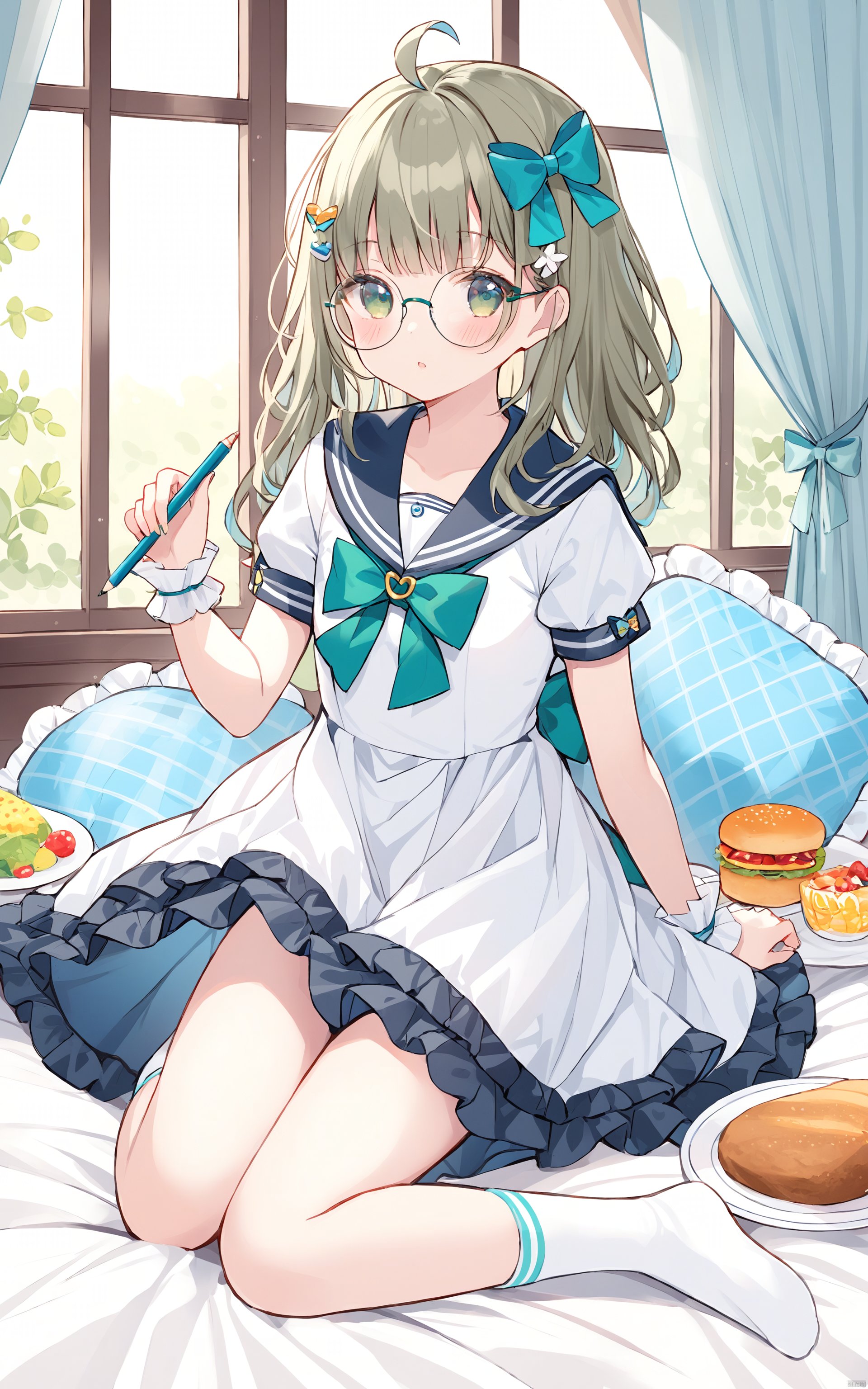  (best quality), ((masterpiece))1girl, solo, sailor collar, no shoes, short sleeves, glasses, socks, white socks, lying, bow, puffy sleeves, blush, hair bow, wrist cuffs, puffy short sleeves, frills, round eyewear, on stomach, dress, long hair, ahoge, green bow, window, soles, bangs, curtains, pillow, looking at viewer, holding pencil, food, holding, sailor dress, white dress, hair ornament, frilled pillow, pencil, parted lips, plate