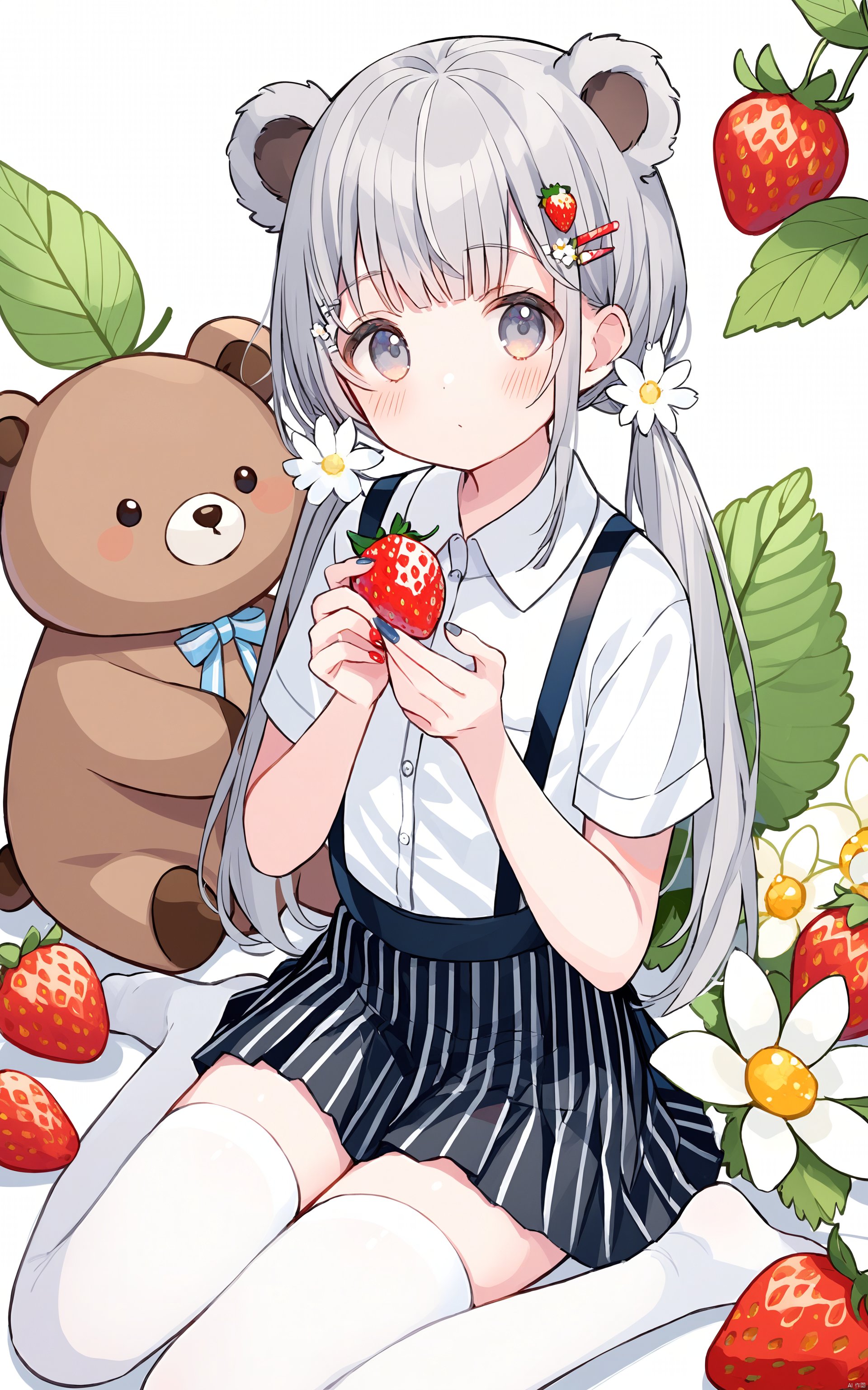 1girl, bear, shirt, skirt, strawberry, striped skirt, food, fruit, thighhighs, holding food, no shoes, wariza, collared shirt, white flower, low twintails, short sleeves, vertical-striped skirt, white shirt, striped, suspender skirt, holding, white thighhighs, vertical stripes, suspenders, black skirt, sitting, pleated skirt, dress shirt, solo, hair ornament, blush, twintails, flower, looking at viewer, white background, bangs, animal, hairclip, holding fruit, closed mouth, grey hair, nail polish, long hair