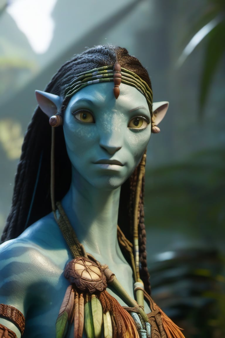 Front view, looking at viewer,Na'vi girl, na'vi, 3/4 body view, detailed, detailed face, detailed eyes, skin details,
