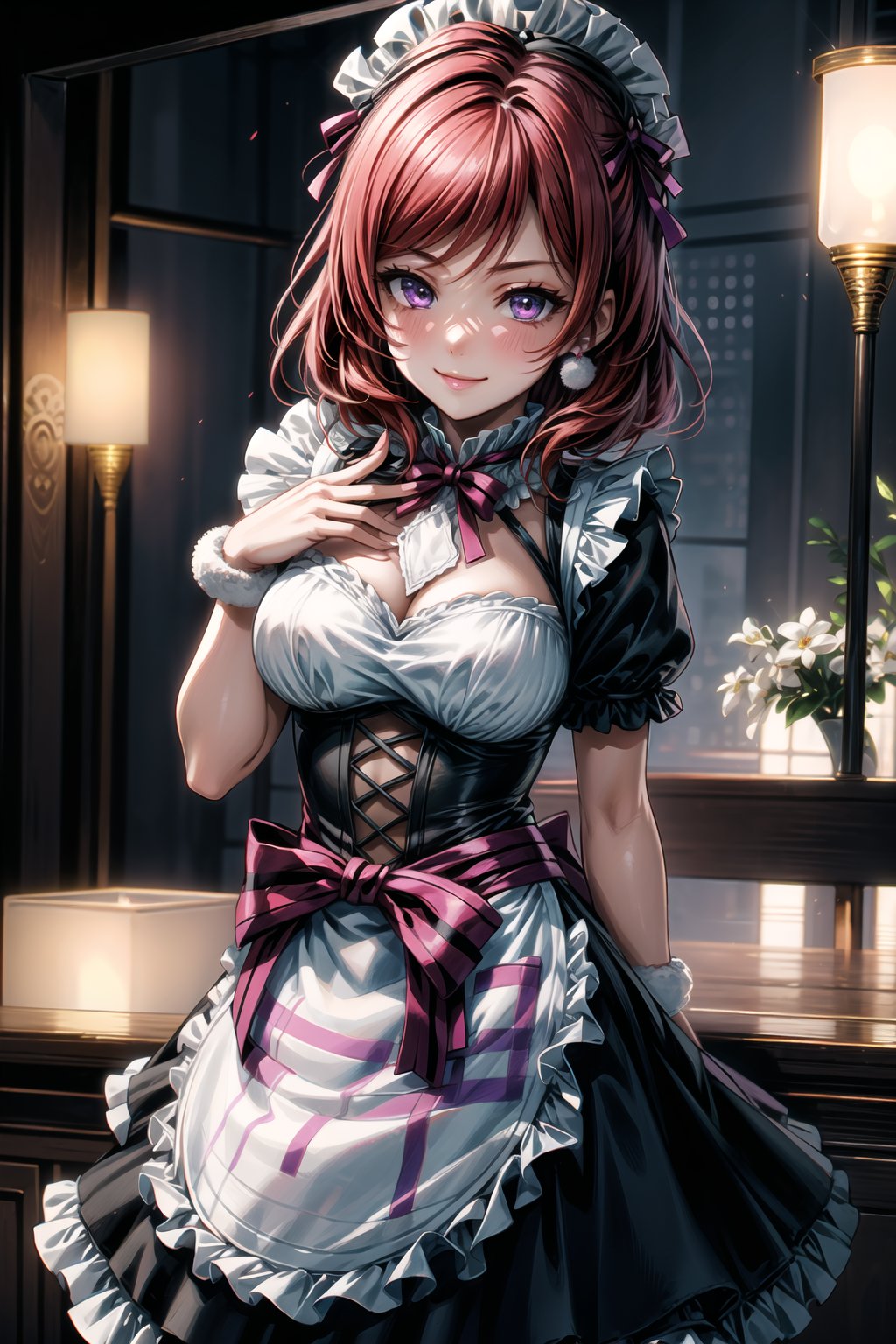 (best quality), (highly detailed), masterpiece, (official art), pom pom earrings:1.2,Mogyutto Maid, 1girl, solo, blush, smile, short hair, bow, purple eyes, short sleeves, hair bow, heart, red hair, apron, wrist cuffs, maid, maid headdress, nishikino maki, blurry background,depth of field, best quality, masterpiece, intricate details, tonemapping, sharp focus, hyper detailed, trending on Artstation,Mogyutto Maid,