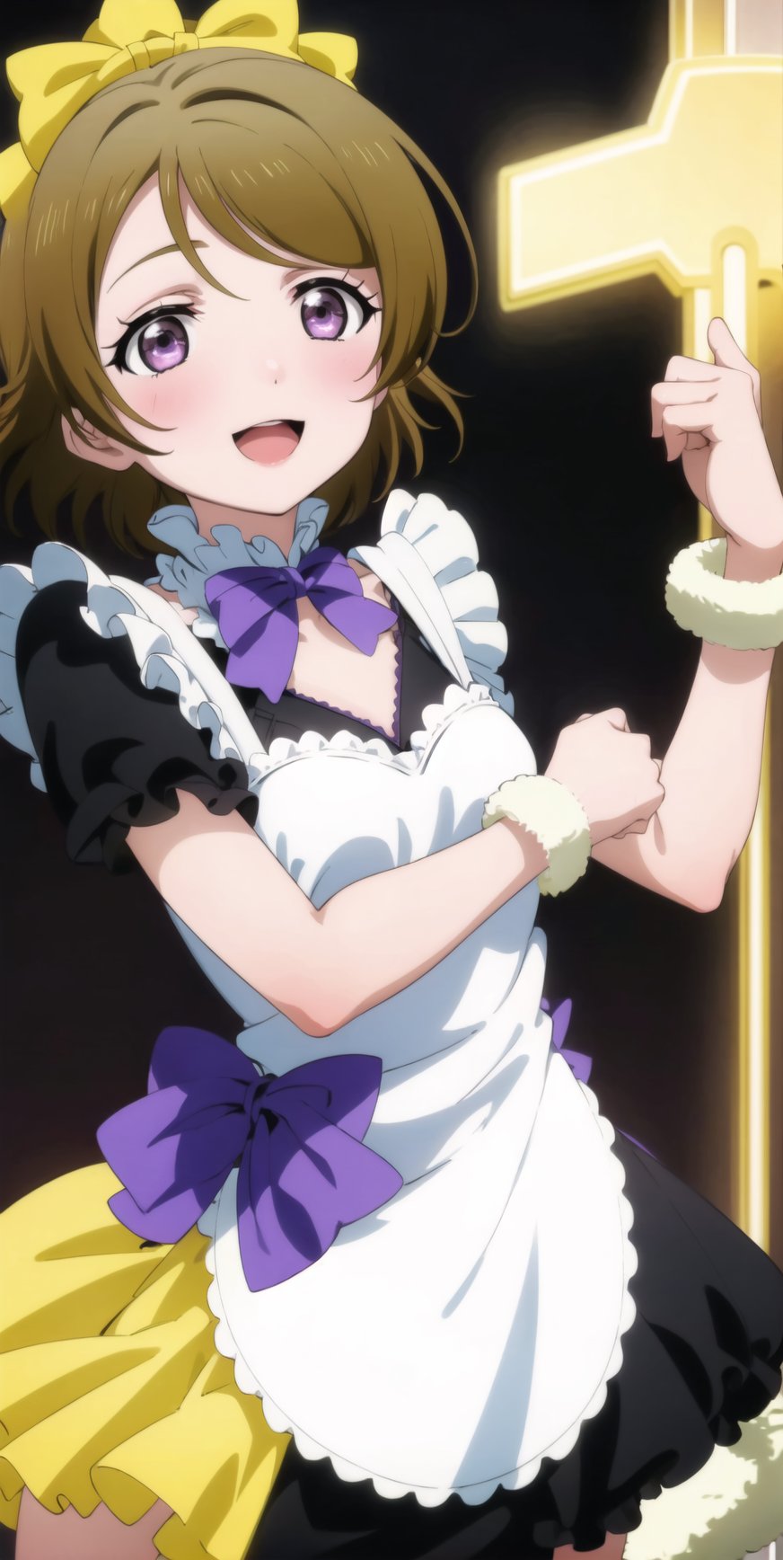 (best quality), (highly detailed), masterpiece, (official art), makeup, hanayo koizumi, brown hair, Mogyutto Maid, 1girl, solo, blush, smile, short hair, open mouth, skirt, brown hair, bow, purple eyes, short sleeves, frills, apron, maid, maid headdress, koizumi hanayo, ((black background, simple background)), StandingAtAttention,,,Mogyutto Maid