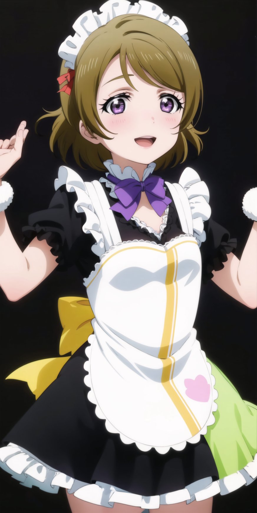 (best quality), (highly detailed), masterpiece, (official art), makeup, hanayo koizumi, brown hair, Mogyutto Maid, 1girl, solo, blush, smile, short hair, open mouth, skirt, brown hair, bow, purple eyes, short sleeves, frills, apron, maid, maid headdress, koizumi hanayo, ((black background, simple background)), StandingAtAttention,,,Mogyutto Maid