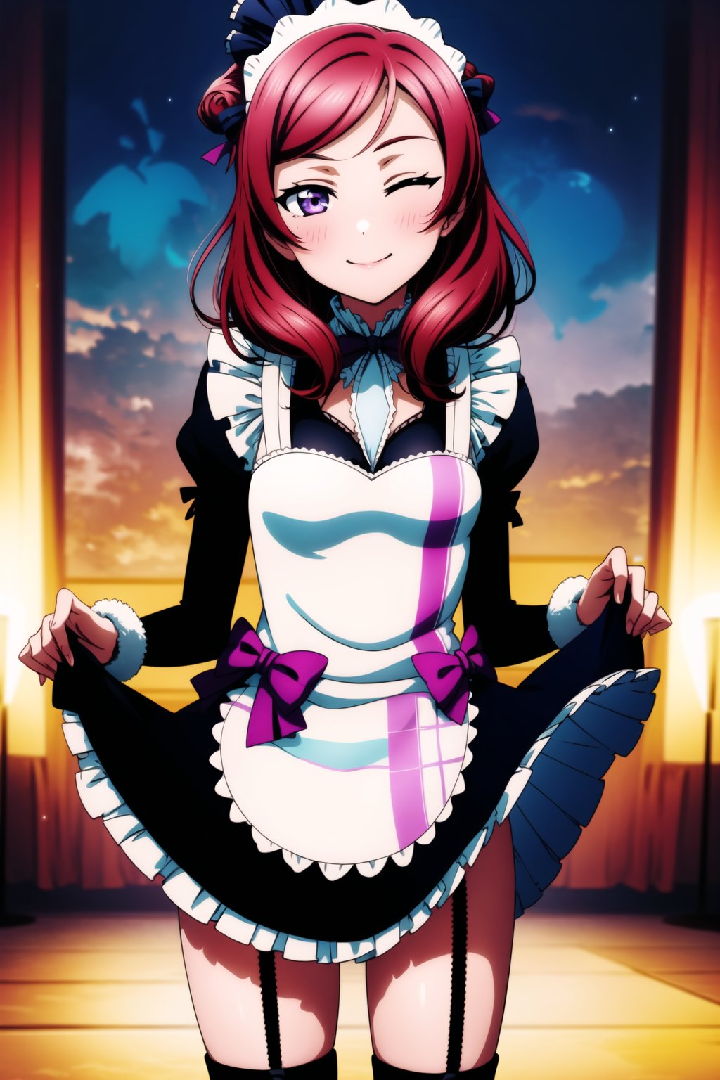 (best quality), (highly detailed), masterpiece, (official art), Mogyutto Maid, 1girl, solo, blush, smile, short hair, skirt, thighhighs, bow, purple eyes, hair bow, red hair, one eye closed, apron, maid, maid headdress, garter straps, ;), skirt hold, nishikino maki, blurry background,depth of field, best quality, masterpiece, intricate details, tonemapping, sharp focus, hyper detailed, trending on Artstation,Mogyutto Maid,