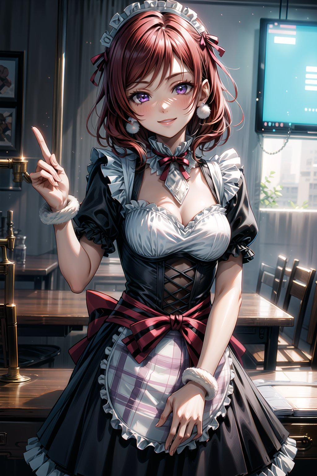 (best quality), (highly detailed), masterpiece, (official art), pom pom earrings:1.2,Mogyutto Maid, 1girl, solo, blush, smile, short hair, bow, purple eyes, short sleeves, hair bow, heart, red hair, apron, wrist cuffs, maid, maid headdress, nishikino maki, blurry background,depth of field, best quality, masterpiece, intricate details, tonemapping, sharp focus, hyper detailed, trending on Artstation,Mogyutto Maid,