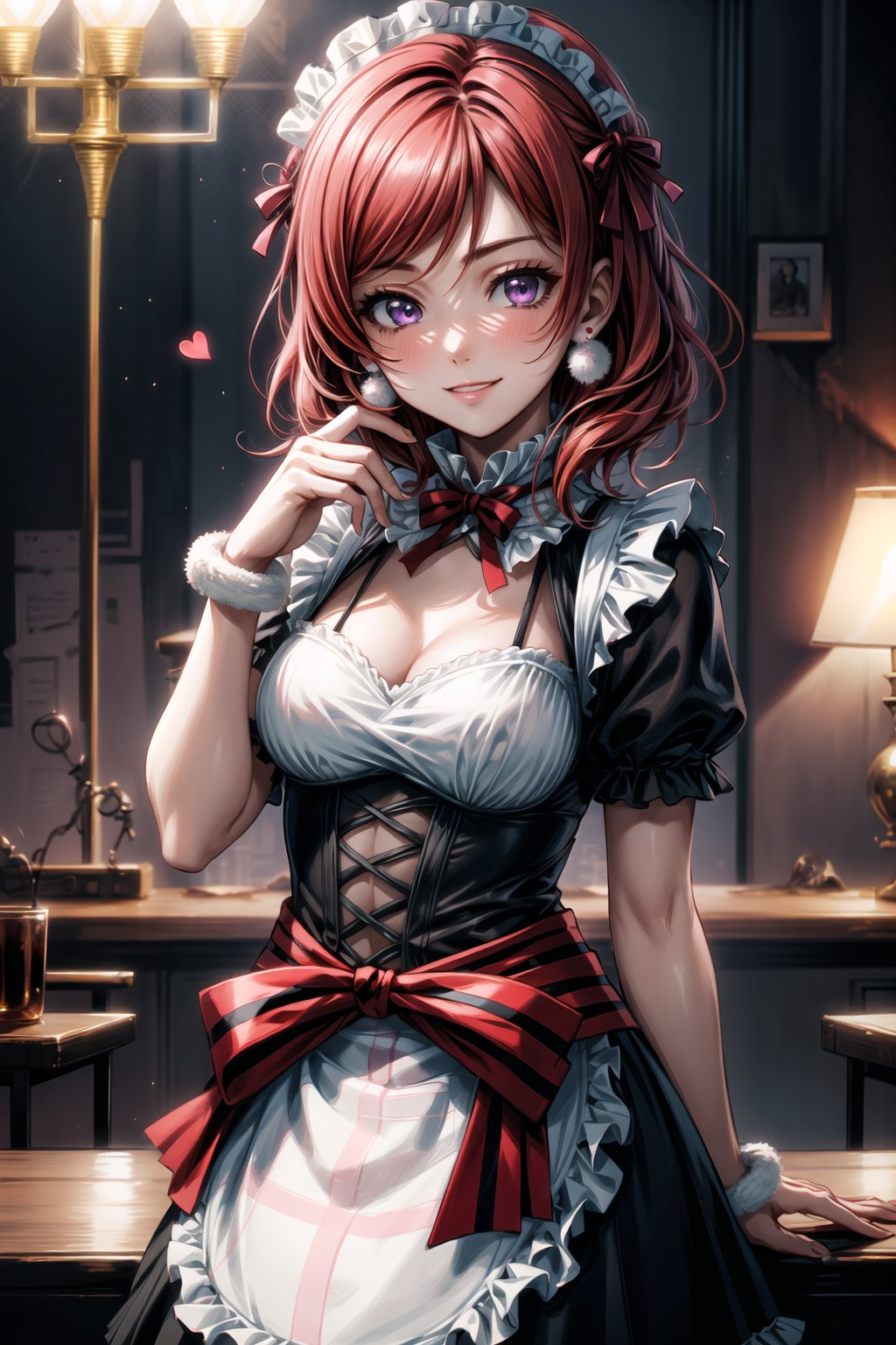 (best quality), (highly detailed), masterpiece, (official art), pom pom earrings:1.2,Mogyutto Maid, 1girl, solo, blush, smile, short hair, bow, purple eyes, short sleeves, hair bow, heart, red hair, apron, wrist cuffs, maid, maid headdress, nishikino maki, blurry background,depth of field, best quality, masterpiece, intricate details, tonemapping, sharp focus, hyper detailed, trending on Artstation,Mogyutto Maid,