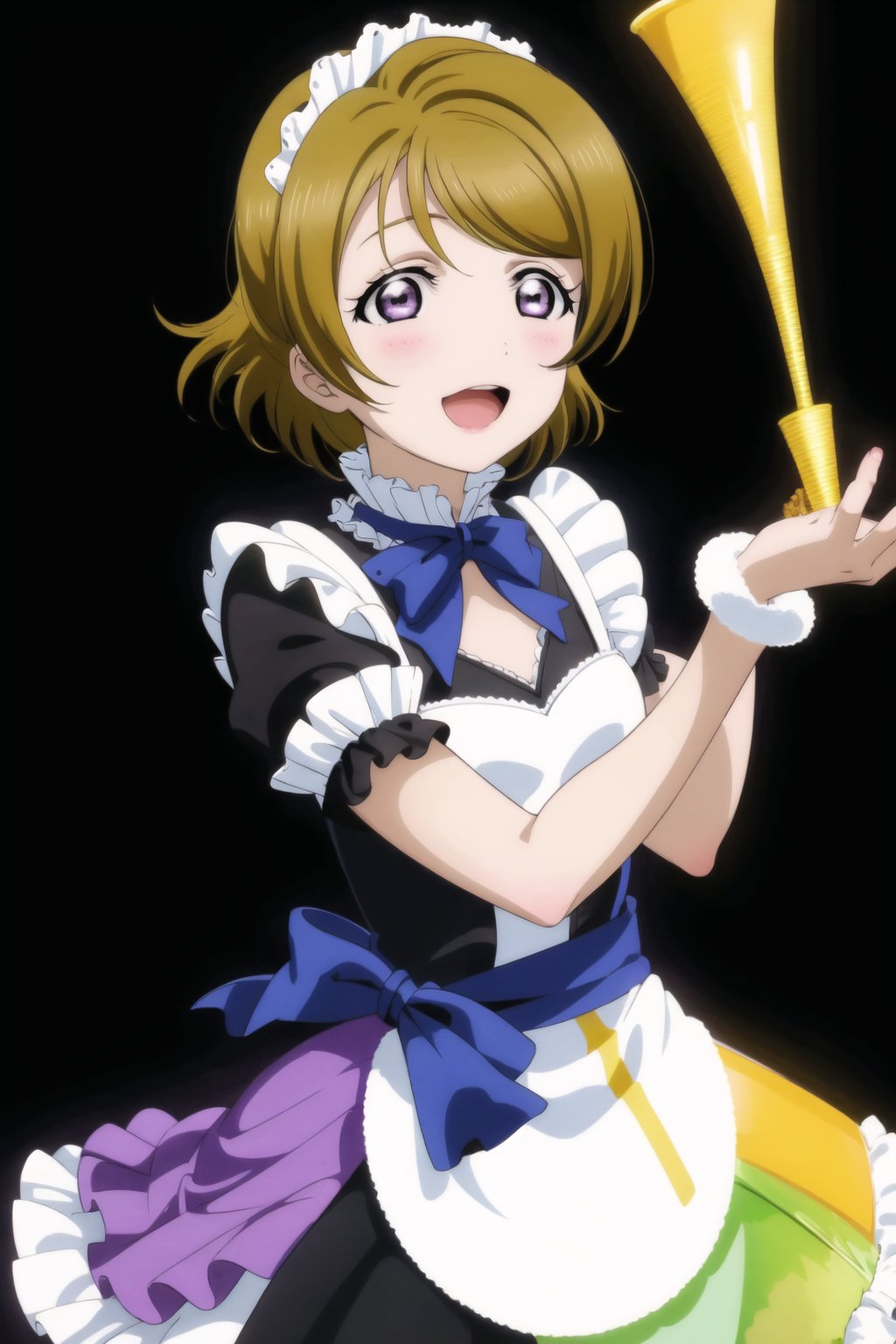 (best quality), (highly detailed), masterpiece, (official art), makeup, hanayo koizumi, brown hair, Mogyutto Maid, 1girl, solo, blush, smile, short hair, open mouth, skirt, brown hair, bow, purple eyes, short sleeves, frills, apron, maid, maid headdress, koizumi hanayo, ((black background, simple background)), StandingAtAttention,,,Mogyutto Maid,LLChar