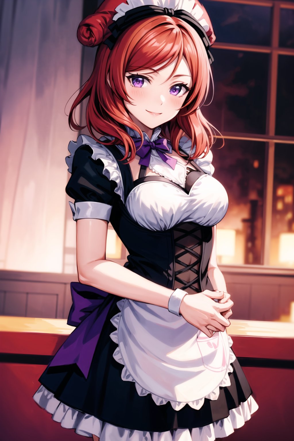 (best quality), (highly detailed), masterpiece, (official art), Mogyutto Maid, 1girl, solo, blush, smile, short hair, bow, purple eyes, short sleeves, hair bow, heart, red hair, apron, wrist cuffs, maid, maid headdress, nishikino maki, blurry background,depth of field, best quality, masterpiece, intricate details, tonemapping, sharp focus, hyper detailed, trending on Artstation,Mogyutto Maid,