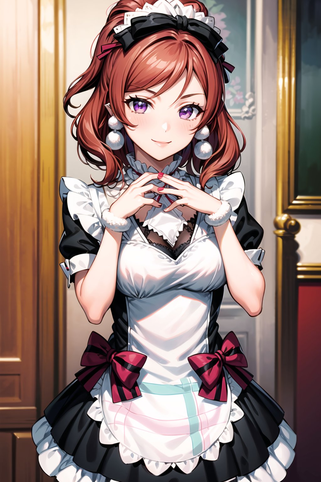 (best quality), (highly detailed), masterpiece, (official art), (((pom pom earrings:1.2))),Mogyutto Maid, 1girl, solo, blush, smile, short hair, bow, purple eyes, short sleeves, hair bow, heart, red hair, apron, wrist cuffs, maid, maid headdress, nishikino maki, blurry background,depth of field, best quality, masterpiece, intricate details, tonemapping, sharp focus, hyper detailed, trending on Artstation,Mogyutto Maid,