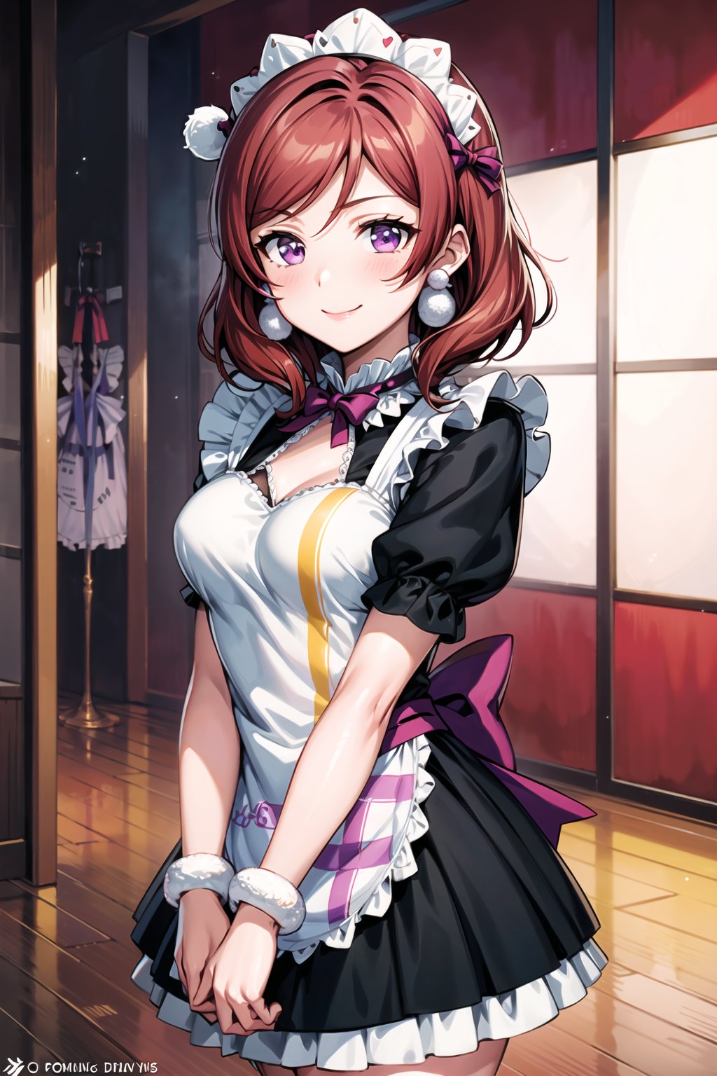 (best quality), (highly detailed), masterpiece, (official art), (((pom pom earrings:1.2))),Mogyutto Maid, 1girl, solo, blush, smile, short hair, bow, purple eyes, short sleeves, hair bow, heart, red hair, apron, wrist cuffs, maid, maid headdress, nishikino maki, blurry background,depth of field, best quality, masterpiece, intricate details, tonemapping, sharp focus, hyper detailed, trending on Artstation,Mogyutto Maid,