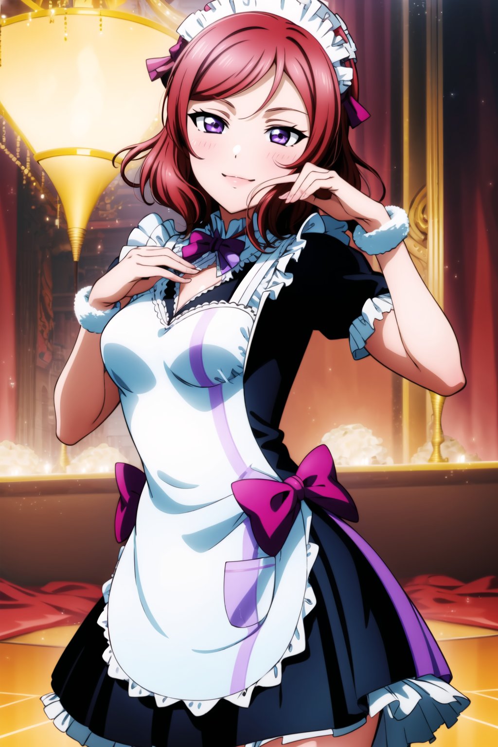 (best quality), (highly detailed), masterpiece, (official art), Mogyutto Maid, 1girl, solo, blush, smile, short hair, bow, purple eyes, short sleeves, hair bow, heart, red hair, apron, wrist cuffs, maid, maid headdress, nishikino maki, blurry background,depth of field, best quality, masterpiece, intricate details, tonemapping, sharp focus, hyper detailed, trending on Artstation,Mogyutto Maid,