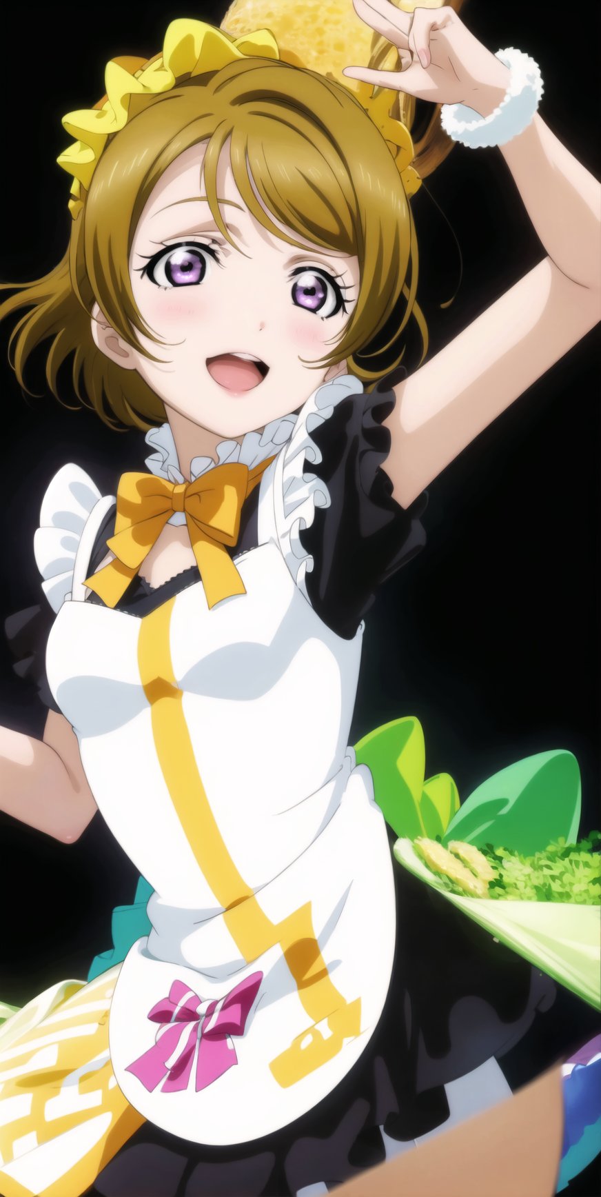 (best quality), (highly detailed), masterpiece, (official art), makeup, hanayo koizumi, brown hair, Mogyutto Maid, 1girl, solo, blush, smile, short hair, open mouth, skirt, brown hair, bow, purple eyes, short sleeves, frills, apron, maid, maid headdress, koizumi hanayo, ((black background, simple background)), StandingAtAttention,,,Mogyutto Maid,LLChar