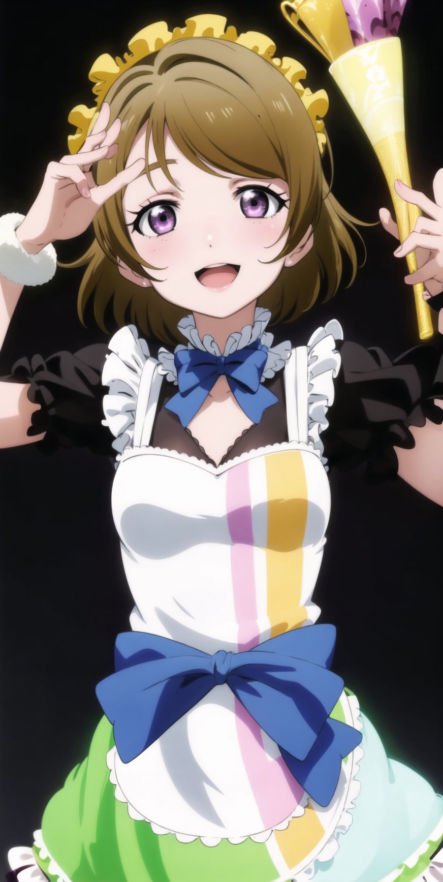 (best quality), (highly detailed), masterpiece, (official art), makeup, hanayo koizumi, brown hair, Mogyutto Maid, 1girl, solo, blush, smile, short hair, open mouth, skirt, brown hair, bow, purple eyes, short sleeves, frills, apron, maid, maid headdress, koizumi hanayo, ((black background, simple background)), StandingAtAttention,,,Mogyutto Maid