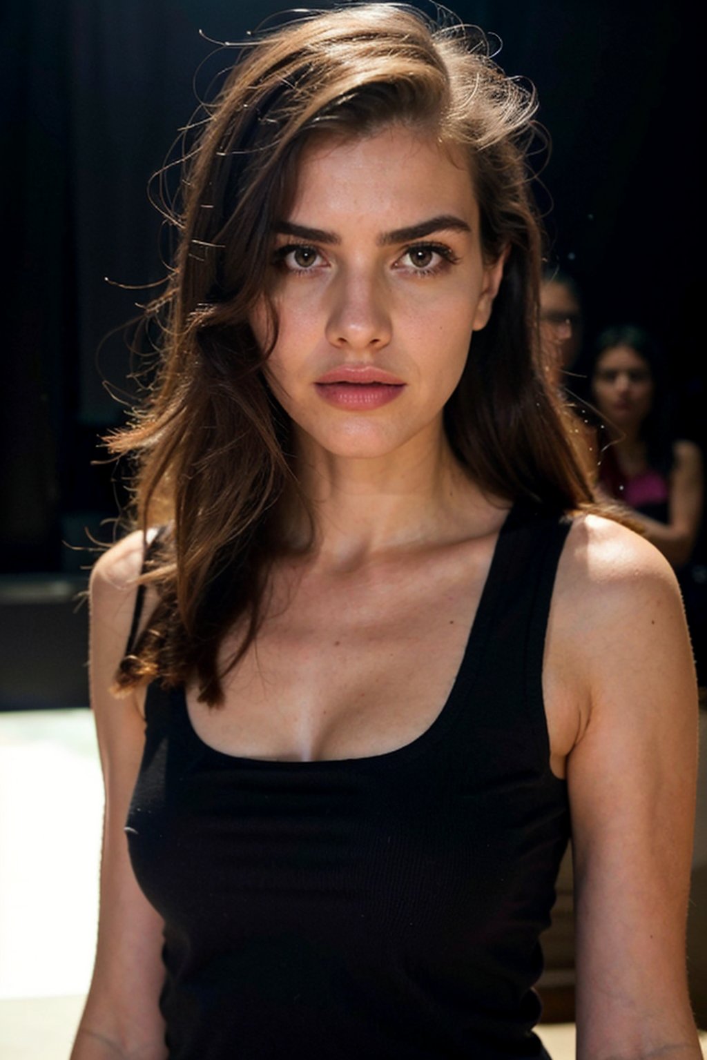 lifelike rendering, immersive atmosphere, impeccably detailed, visually stunning, transfixing looks, emotive depth, artistic emotionality, compelling glances, beautiful woman in low neck tank top, black background, natural lighting, Intense Shadow,