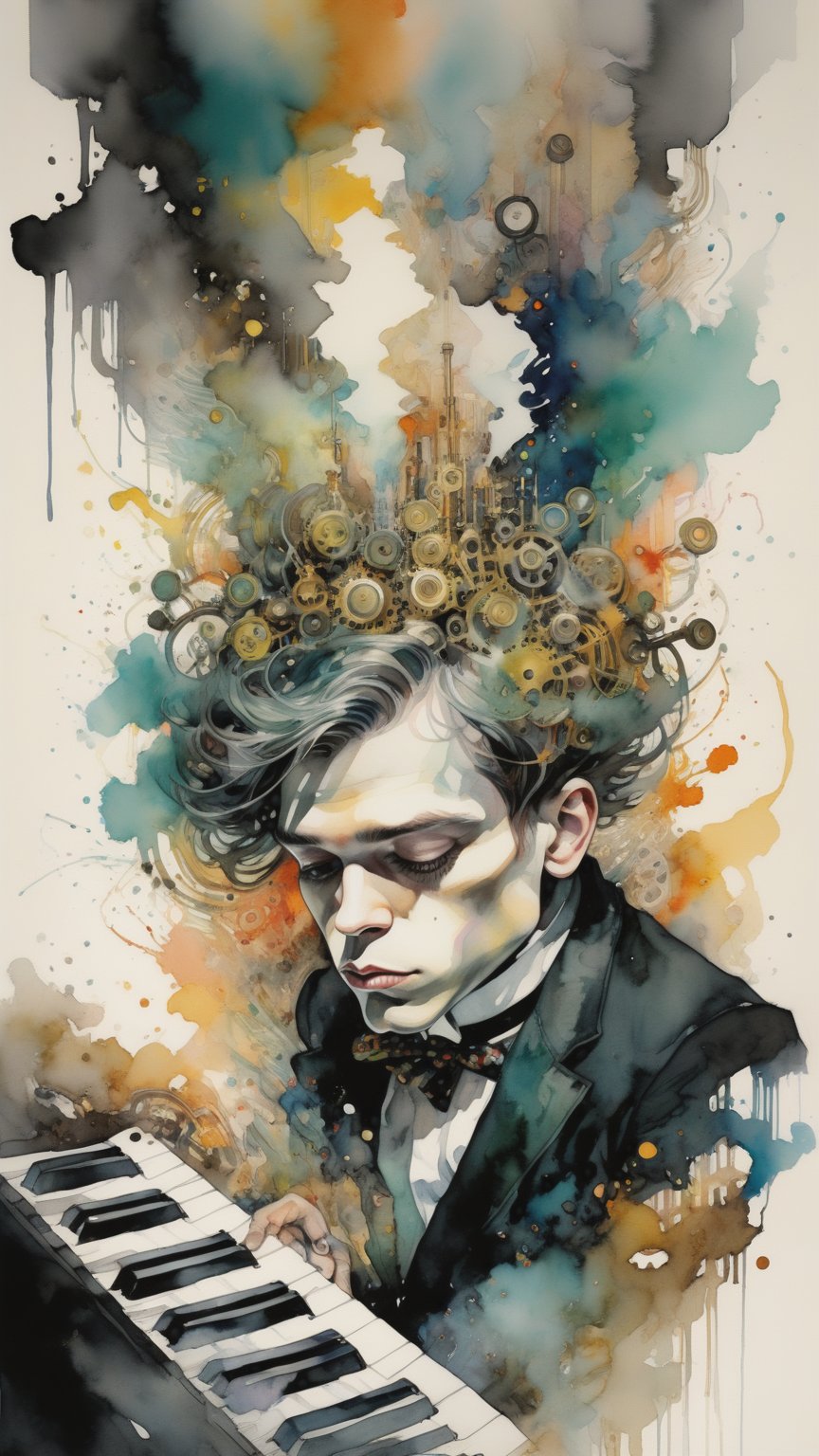 Glenn Gould playing a keyboard,  surrounded by steampunk gear,  tubes and colored liquids. Art by Agnes Cecile,  art by J.C. Leyendecker.