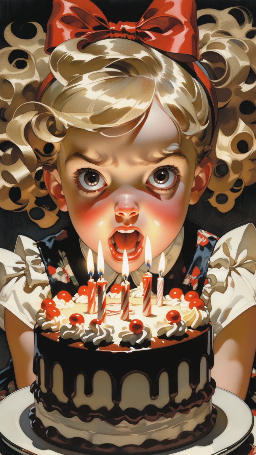 Painting of a beautiful young girl wearing a headband bow and sitting behind a birthday cake. Very dark night scene. Strong shadows. art by J.C. Leyendecker. She has dark shadows under her eyes,  an angry expression on her face,  and flushed cheeks. In stark contrast to the festive occasion,  she seems disconnected from the joy that surrounds her. Presents are visible in the background,  adding to the surreal atmosphere. Her hair is a striking mix of red and black,  drawing attention to her defiant stance. This image captures an intense moment where innocence meets anger.extremely high-resolution details,  photographic,  realism pushed to extreme,  fine texture,  4k,  ultra-detailed,  high quality,  high contrast