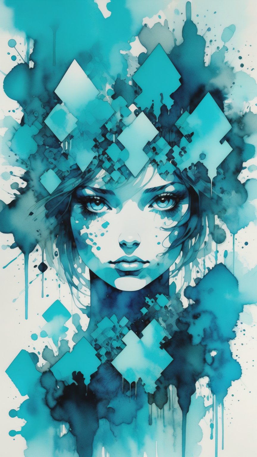 Beautiful Girl in the style of cyan and blue,  inkblots,  made of crystals,  juxtapositions extraordinaire,  geometric animal figures,  ink and wash,  redshift