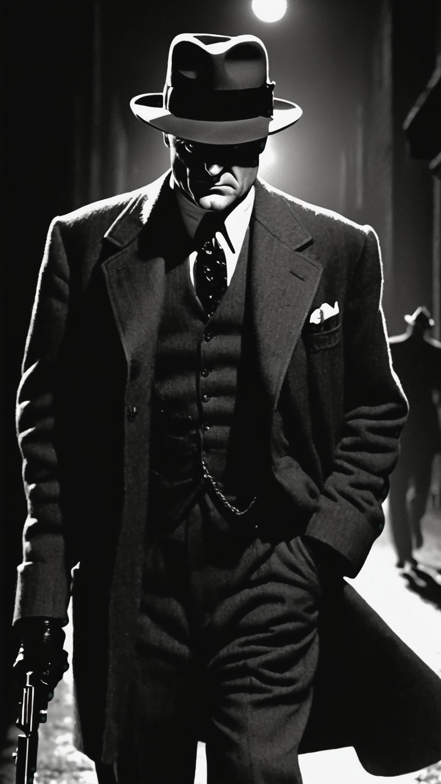 Macro script quality, ultra realistic,HD, HQ, 4K, 8K, high details, full body shot, hand guns, futuristic, sci-fi, perfect face, Monochromatic illustration, film noir art, stark lighting, 1930's Chicago gangster in the style of James Cagney wearing an expensive suit and hat moves in the shadows of a dark alley at night, cynical hero, extreme suspense, high contrast shadow, face and body half in shadow, profile, moonlight through volumetric mist, man on the run, vigilante