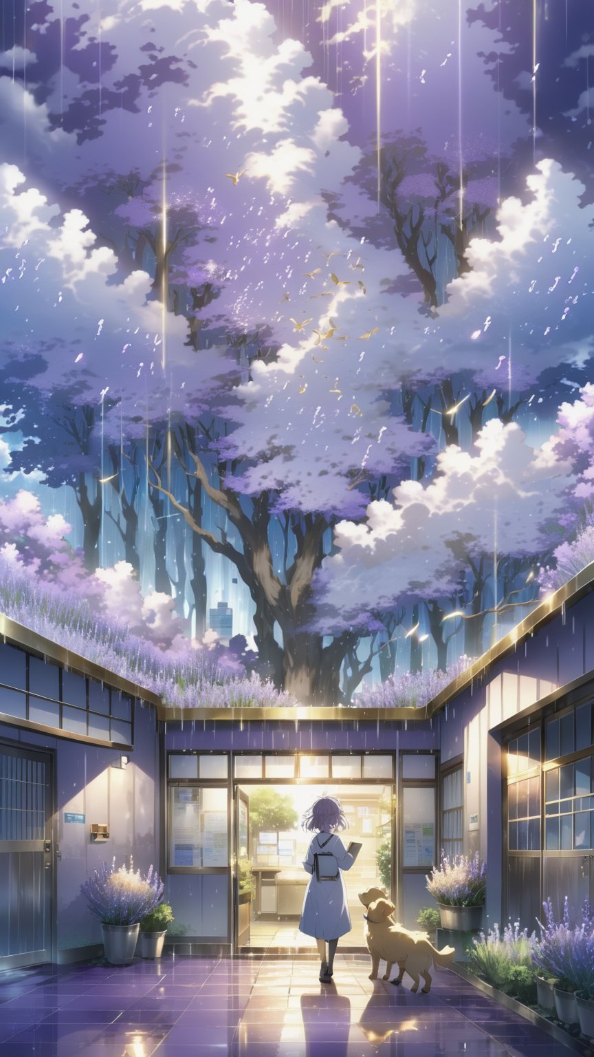 anime key visual, landscape of a Radiant Lavender, Pale Blue and Silver Veterinary clinic and The Golden Fleece, Raining, spotlight, 