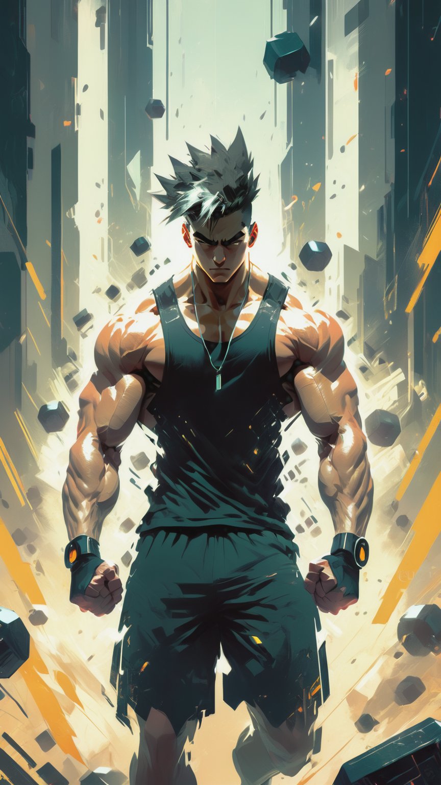 concept art masterpiece,best quality,depth of field,aesthetic,cyberpunk style,
You see a muscular man exercising in the gym. He is wearing a black sportswear that fits his strong body. The sunlight shines through the floor-to-ceiling windows of the gym,highlighting his muscle lines and healthy skin color. He wears a pair of black headphones,listening to upbeat music,seemingly completely immersed in his own world. He holds a dumbbell in his hand,doing squats while breathing evenly. The whole scene is full of vitality and dynamism,making people feel the charm of fitness.,
, . digital artwork, illustrative, painterly, matte painting, highly detailed