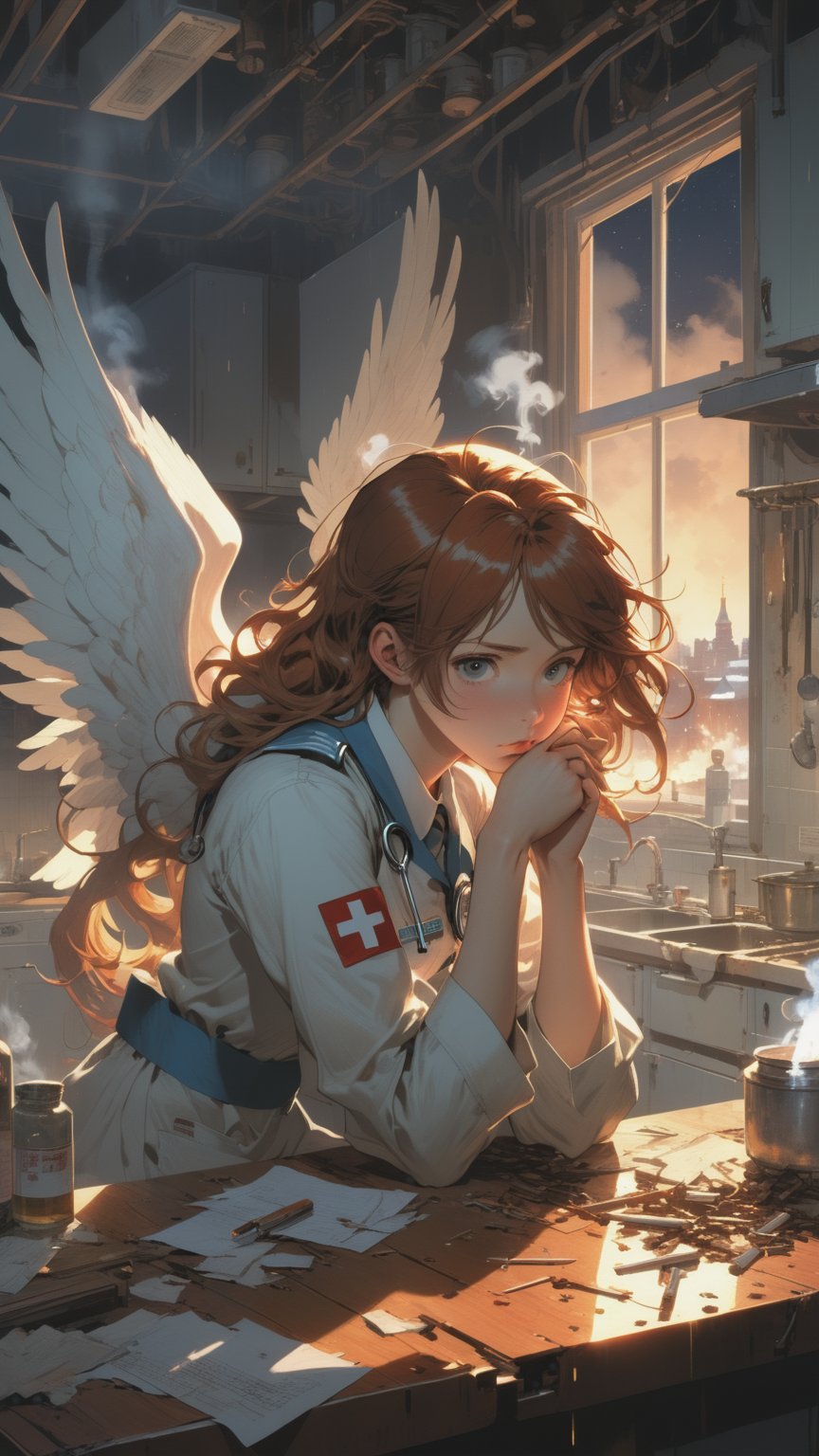 Anime artwork.  depressed angel anime girl (she has wings and long reddish hair and wearing a nurse uniform) sitting in a dirty russian-style kitchen in darkness and smoking a cigarette,  only the dim light from a nimbus and the cigarette is illuminating in the room; on the outside of the window there's a photorealistic view on a night winter russian city of Norilsk with block buildings; on the table there is a syringe and some lab chemical stuff. art by Makoto Shinkai,  art by J.C. Leyendecker
Negative prompt: Gaussian noise,  worst quality,  bad photo,  deformed,  disfigured,  low contrast,  ugly,  blurry,  rough draft,  boring,  plain,  simple

