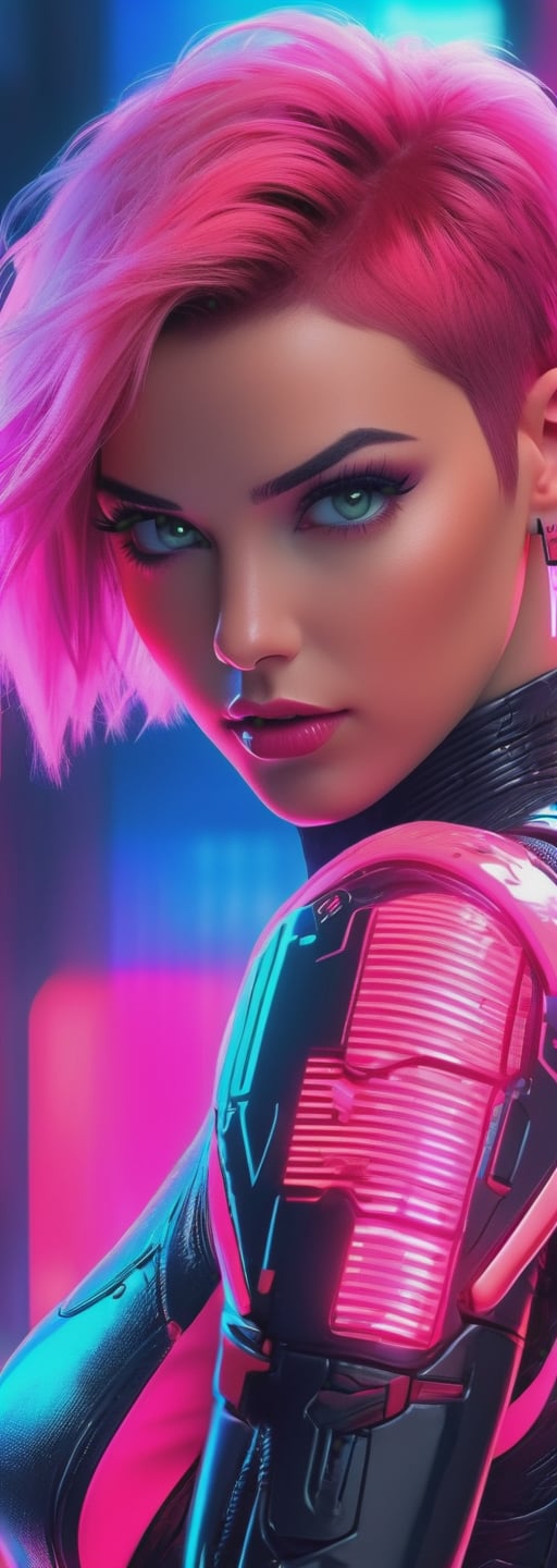Macro script quality, ultra realistic,HD, HQ, 4K, 8K, high details, full body shot, neon background, young woman, short pink hair, neon clothes, hand guns, futuristic, sci-fi, perfect face, perfect red eyes, full plump lips