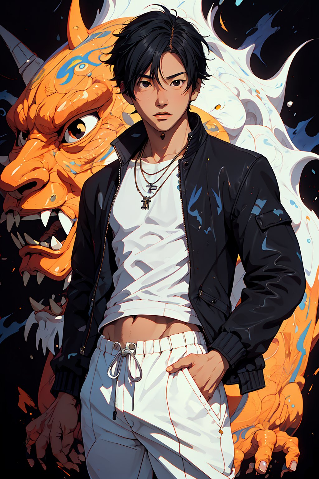 1boy, Tsutomu Senkawa solo, oil painting, impasto, looking at viewer, a handsome young man, 18 years old,  short black hair, black eyes. black wind, tribal necklace,  psychedelic outfit, black jacket, white t-shirt, black Joggers pants, athletic body, psychedelic background, masterpiece, nijistyle, niji, , sciamano240, soft shading,,Tsutomu Senkawa,Black Hair,Black Eyes,Birdy the Mighty