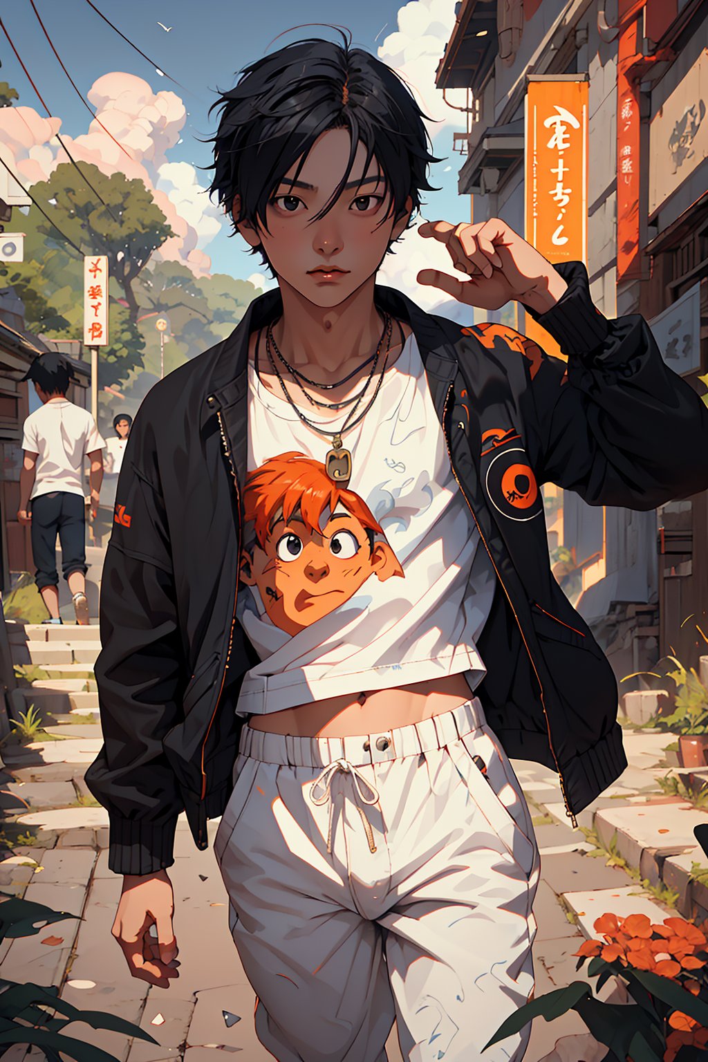 1boy, Tsutomu Senkawa solo, oil painting, impasto, looking at viewer, a handsome young man, 18 years old,  short black hair, black eyes. black wind, tribal necklace,  psychedelic outfit, black jacket, white t-shirt, black Joggers pants, athletic body, psychedelic girl with orange hair in the background, masterpiece, nijistyle, niji, , sciamano240, soft shading,,Tsutomu Senkawa,Black Hair,Black Eyes,Birdy the Mighty