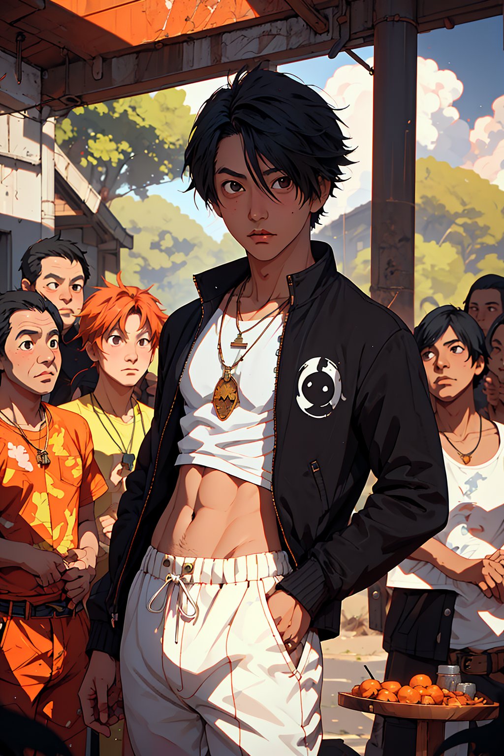 1boy, Tsutomu Senkawa solo, oil painting, impasto, looking at viewer, a handsome young man, 18 years old,  short black hair, black eyes. black wind, tribal necklace,  psychedelic outfit, black jacket, white t-shirt, black Joggers pants, athletic body, psychedelic girl with orange hair in the background, masterpiece, nijistyle, niji, , sciamano240, soft shading,,Tsutomu Senkawa,Black Hair,Black Eyes,Birdy the Mighty