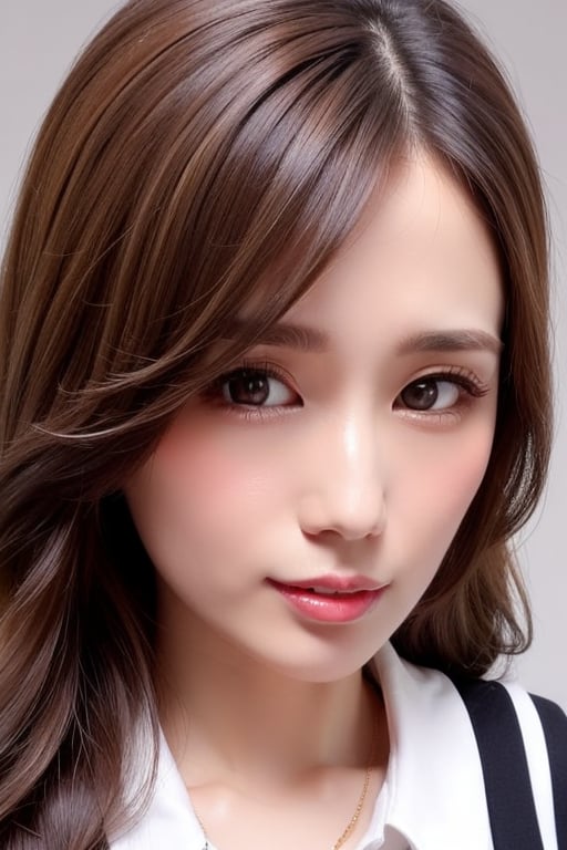 1girl
solo
brown hair
closed mouth
grey background
collar
lips
realistic ,julia 