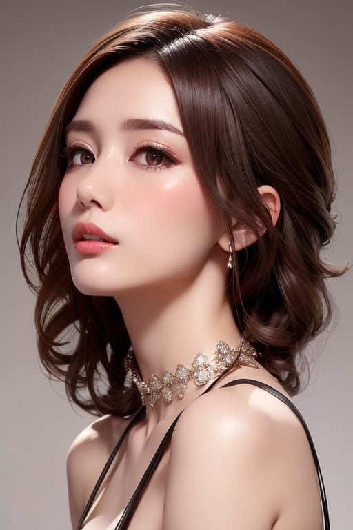 1girl
solo
brown hair
closed mouth
grey background
collar
lips
realistic ,julia 