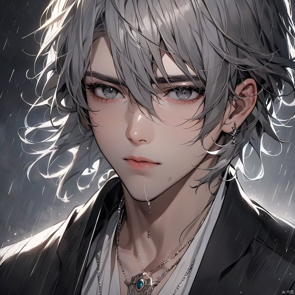 solo, looking at viewer, short hair, bangs, black hair, 1boy, hair between eyes, jewelry, closed mouth, grey hair, male focus, necklace, black eyes, lips, grey eyes, portrait, close-up, rain, realistic