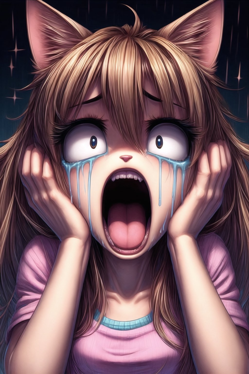 cat girl,open mouth,hands on the face.crying,FaceST1