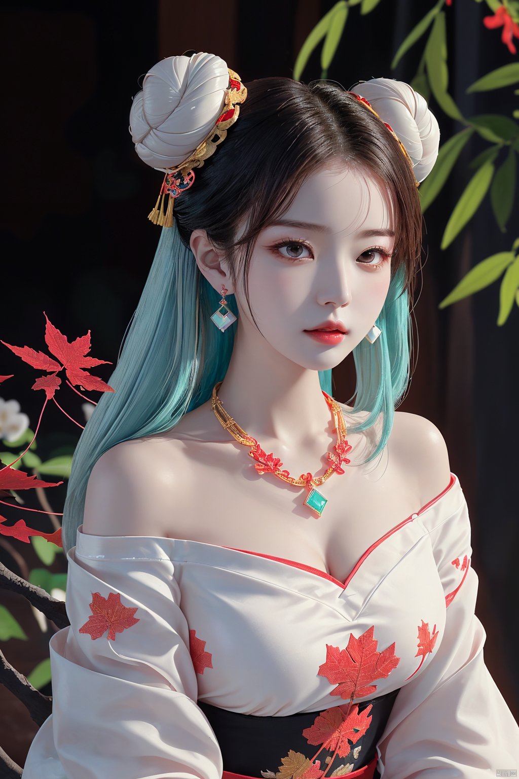 Chinese classics,xiaojing wears a red off-the-shoulder hanfu embroidered with pale cyan and pale pink patterns,big black eyes,red glass earrings,a single bun,a golden yellow headdress,a pink head flower,a pale white necklace inlaid with red and green gemstones,a bright blue and white waistband,a half,pale cyan leaves,red maple leaves,pale yellow flowers
﻿