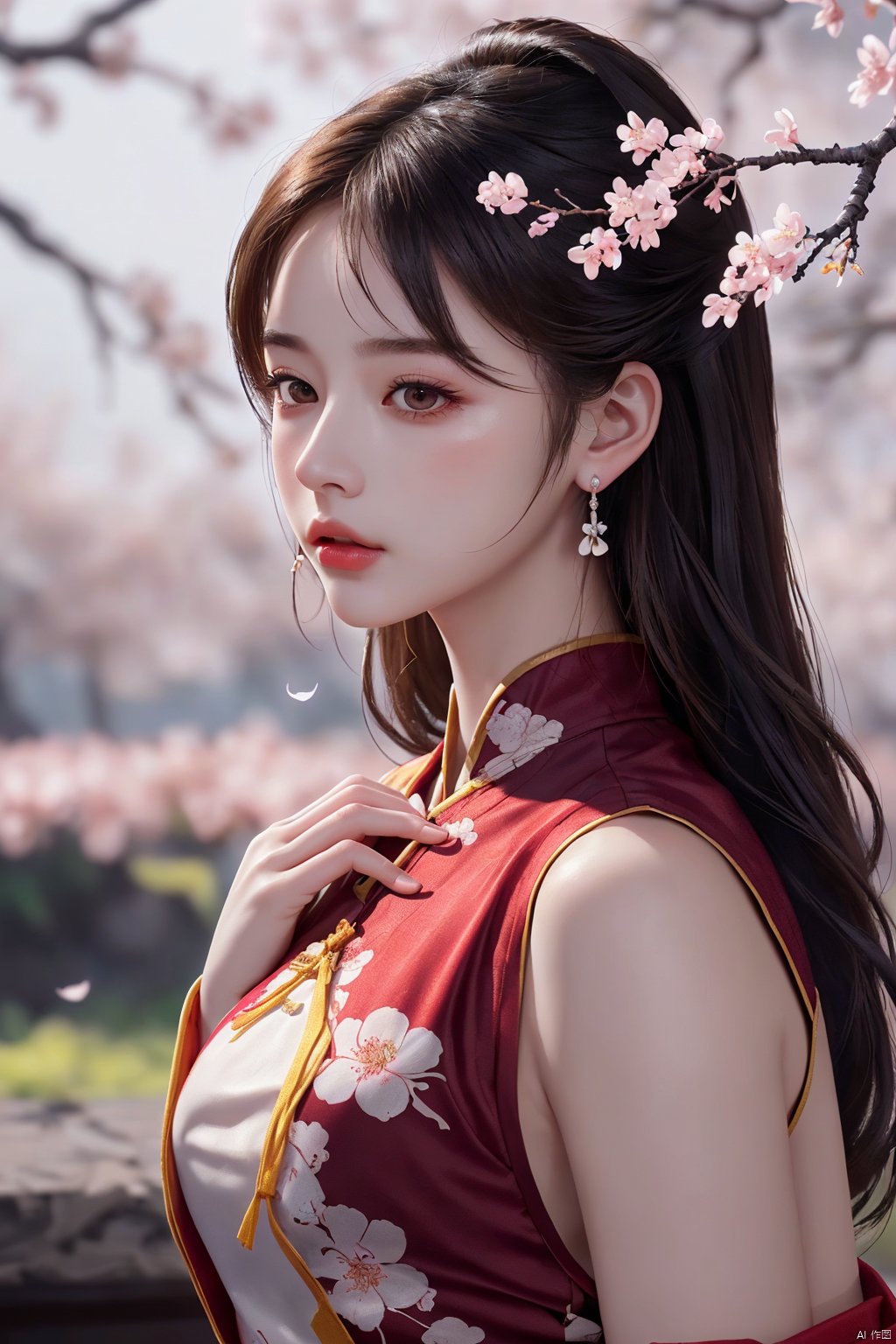 Masterpiece, extremely detailed CG unified 8k wallpaper, 1 girl, beautiful, practical, blurry, blurry background, blurry foreground, branches, long hair, plum blossom, depth of _ venue, earrings, flowers, jewelry, nose, actual, solo, Chinese clothing,
